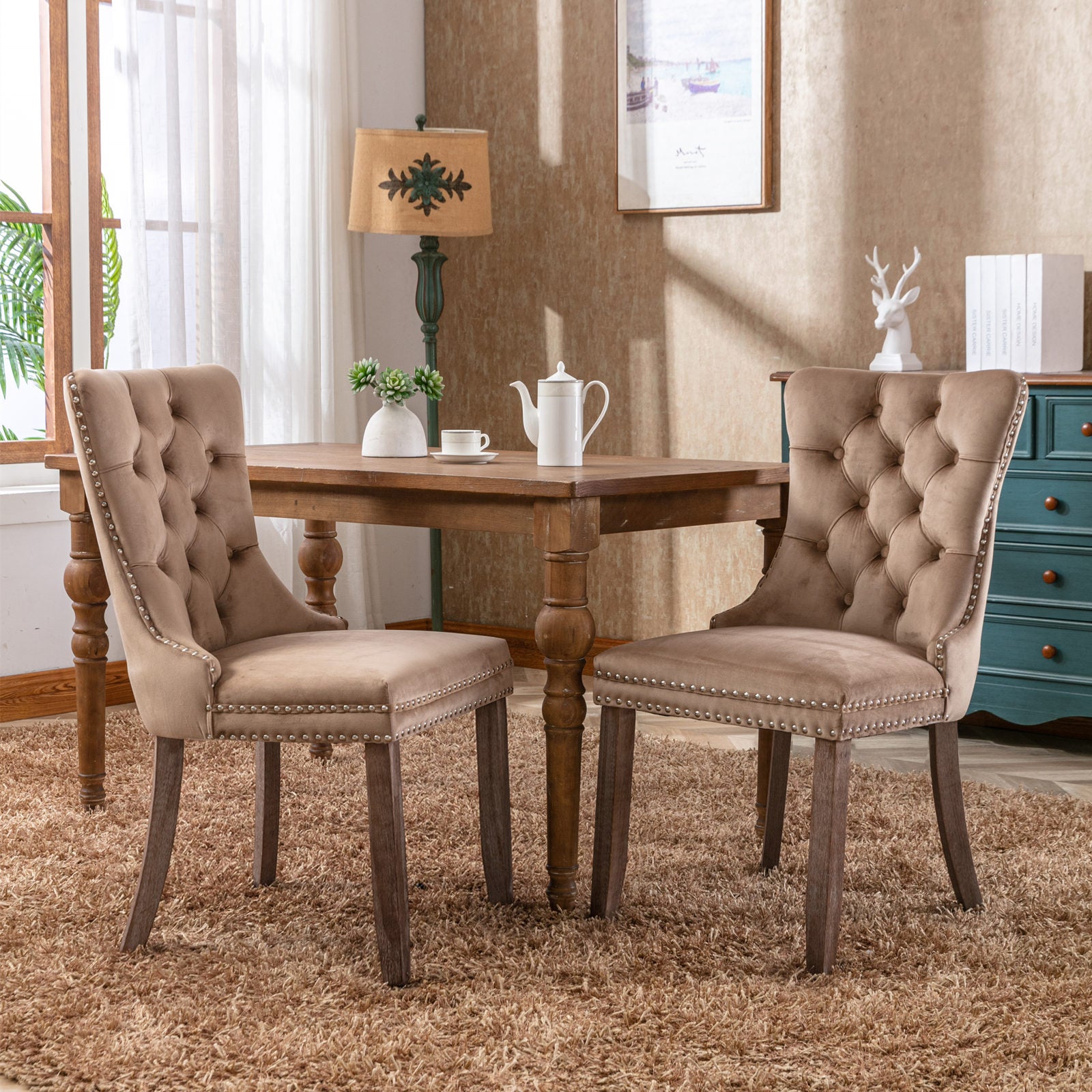 Velvet Dining Chairs Set of 2, Tufted with Nailhead Trim, Khaki