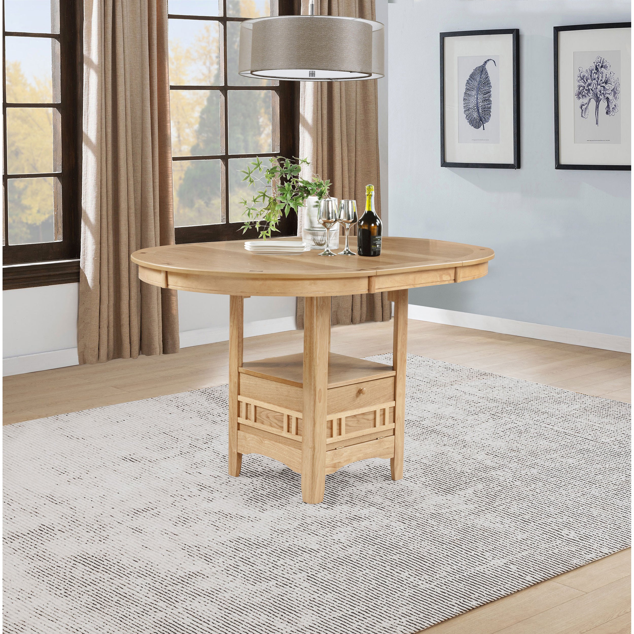 Counter Table, Light Oak Oval Extendable Pedestal with Storage