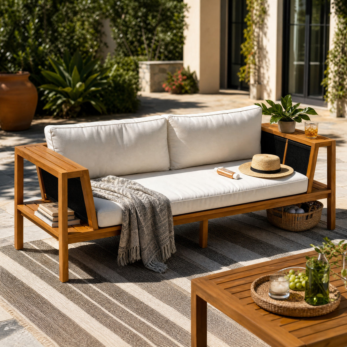 Teak Finish Solid Wood Outdoor Daybed, Cream Cushion
