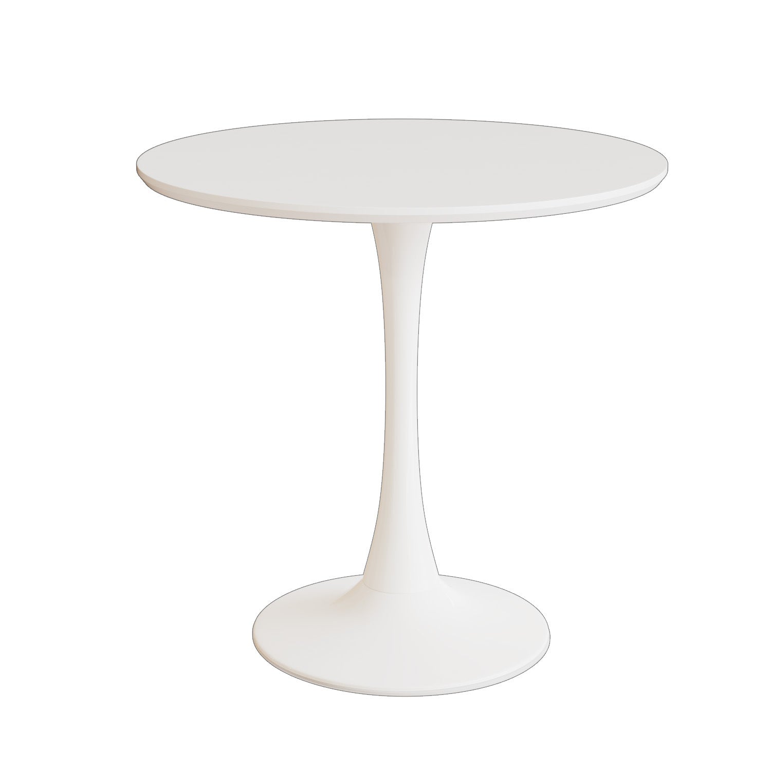 White round tulip dining table on a plain white studio background, front view