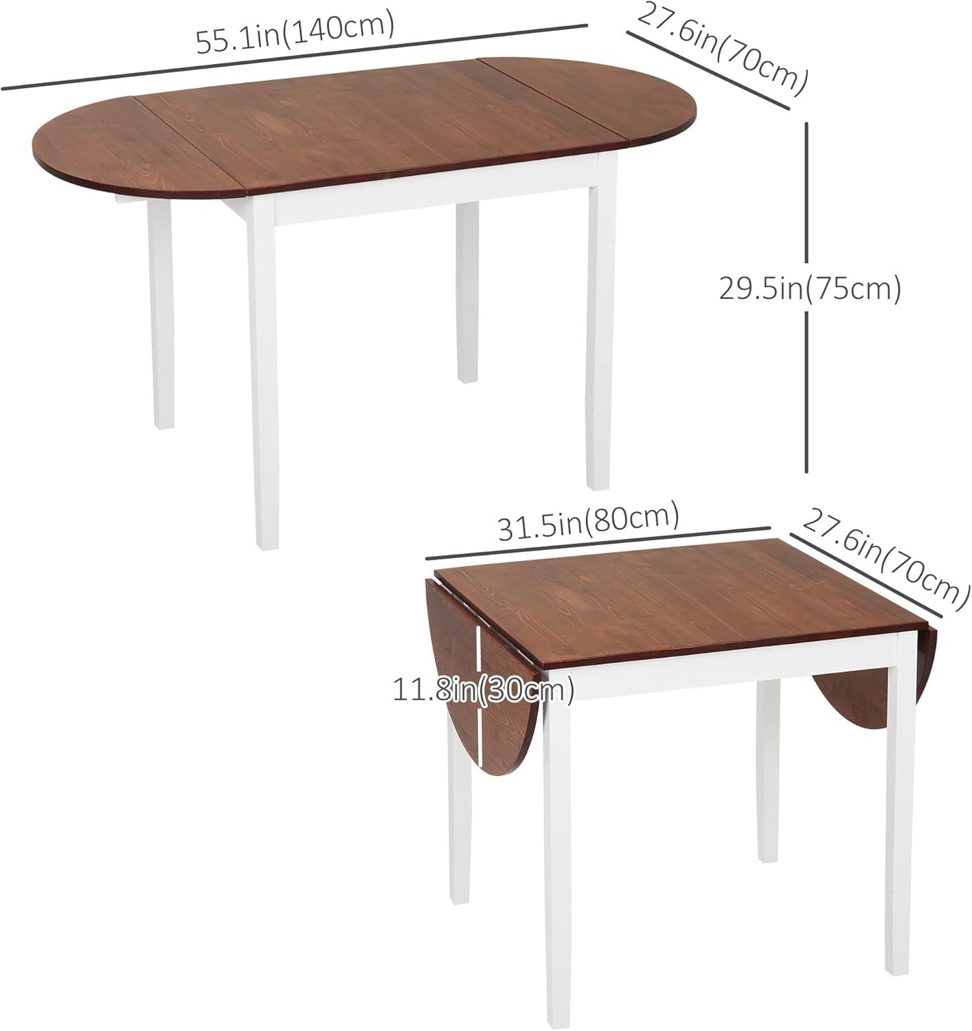 Dimension diagram of the drop-leaf dining table, extended top 55.1 in long and 29.5 in high