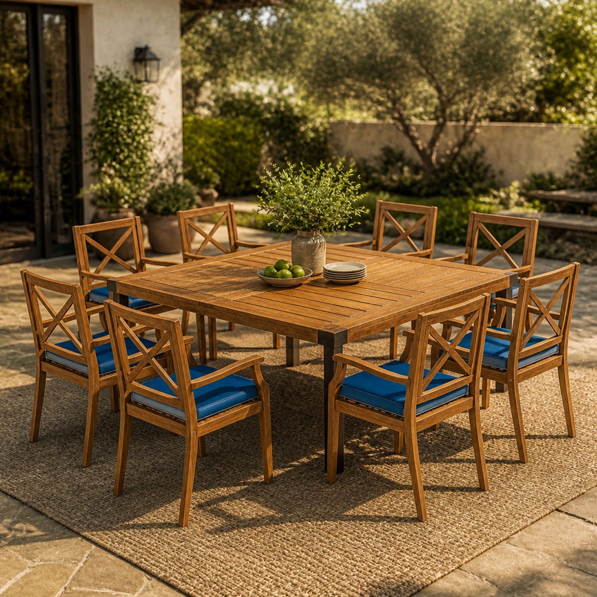 Teak Finish Solid Wood 9-Piece Patio Dining Set for 8, Blue Cushion