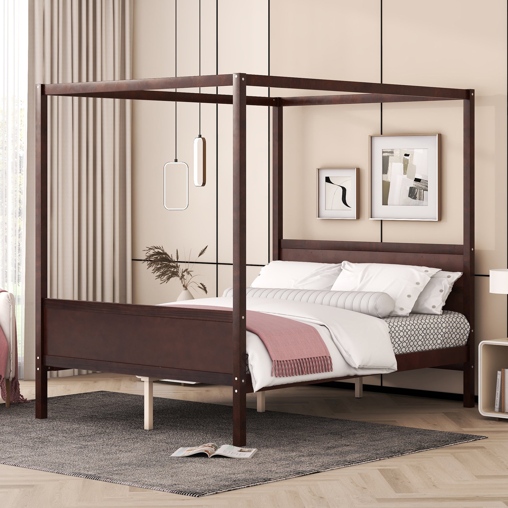 Queen Canopy Bed with Headboard and Footboard, Espresso