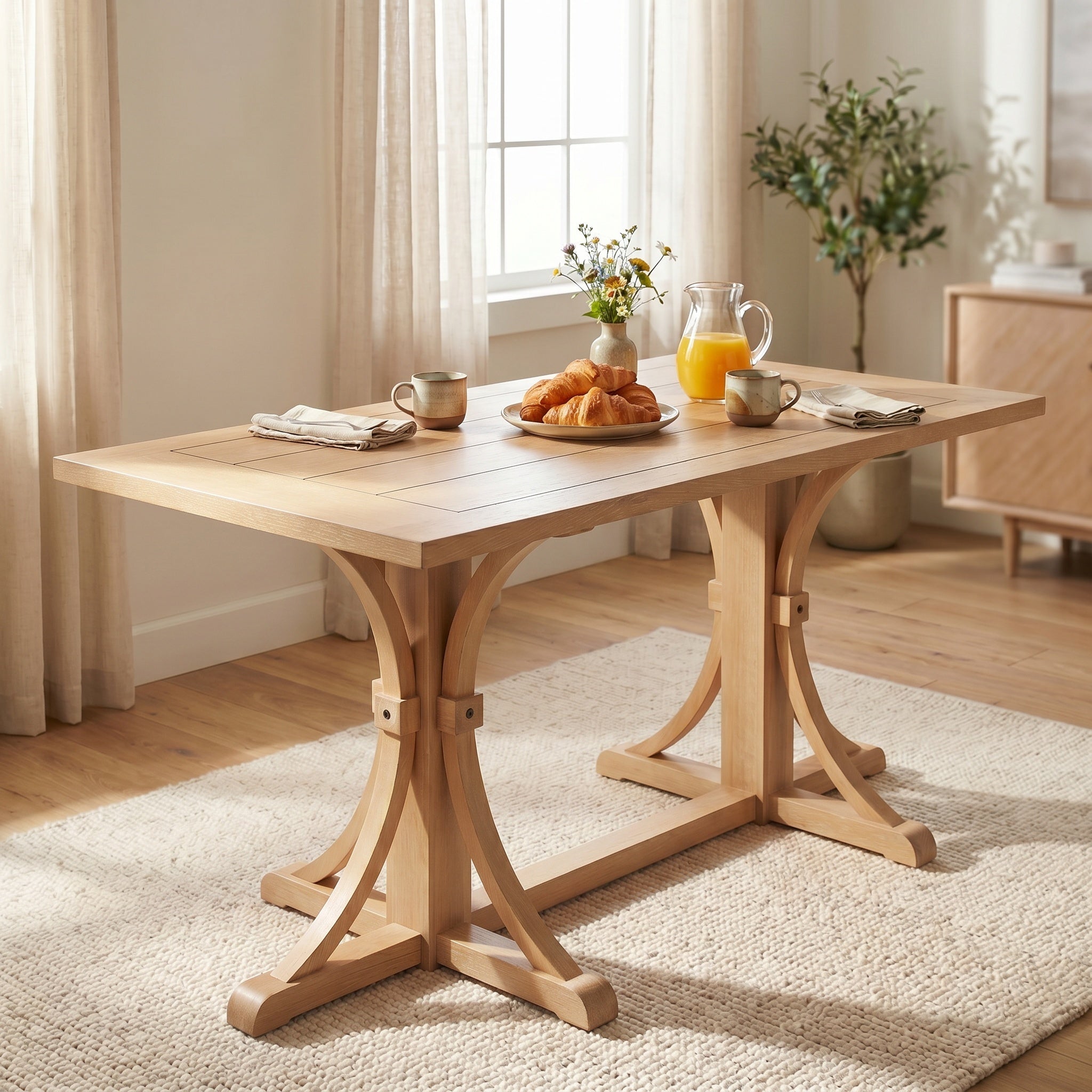 Farmhouse trestle dining table in a sunlit breakfast room set with croissants, juice and flowers