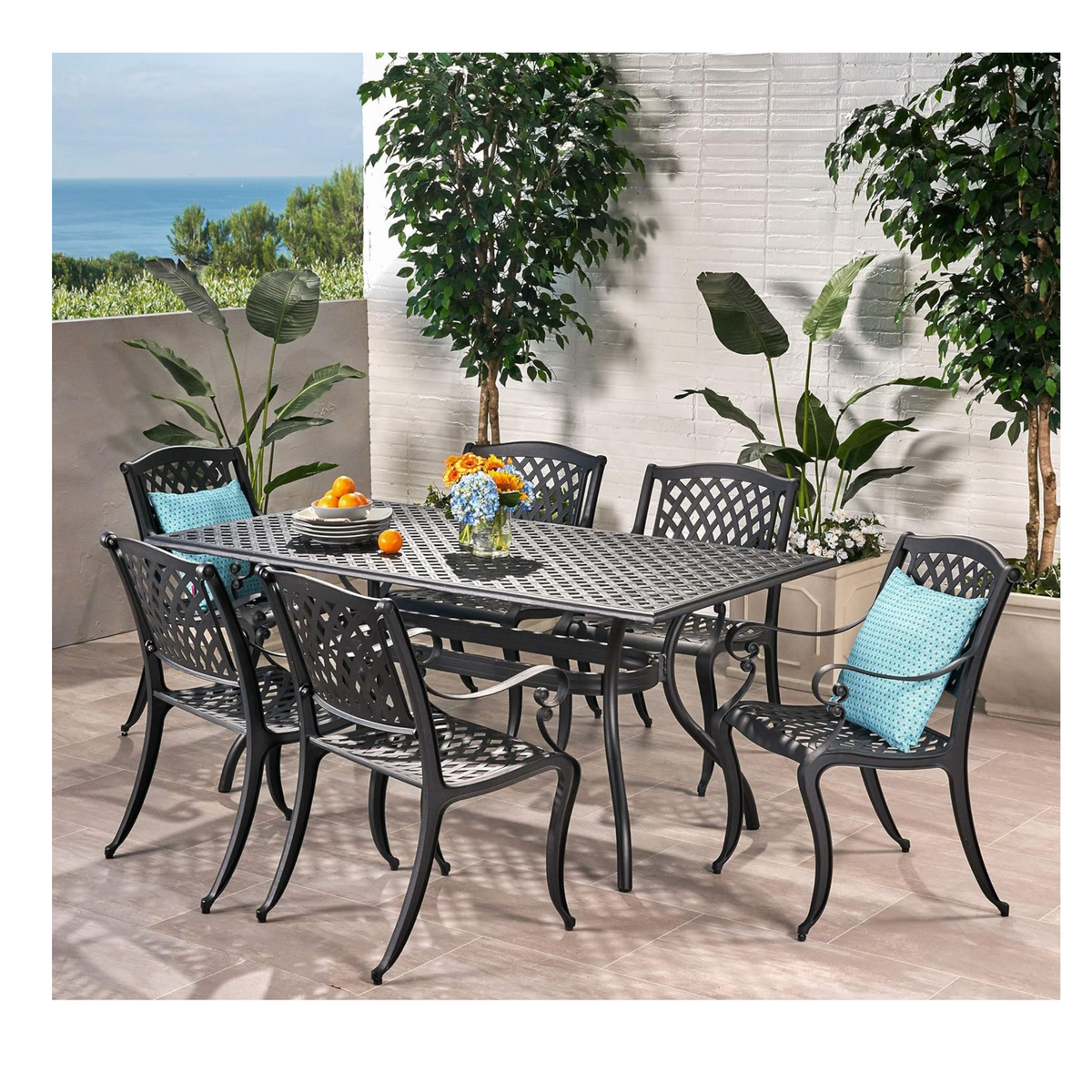 Black Aluminum Rectangular Patio Dining Set for 6