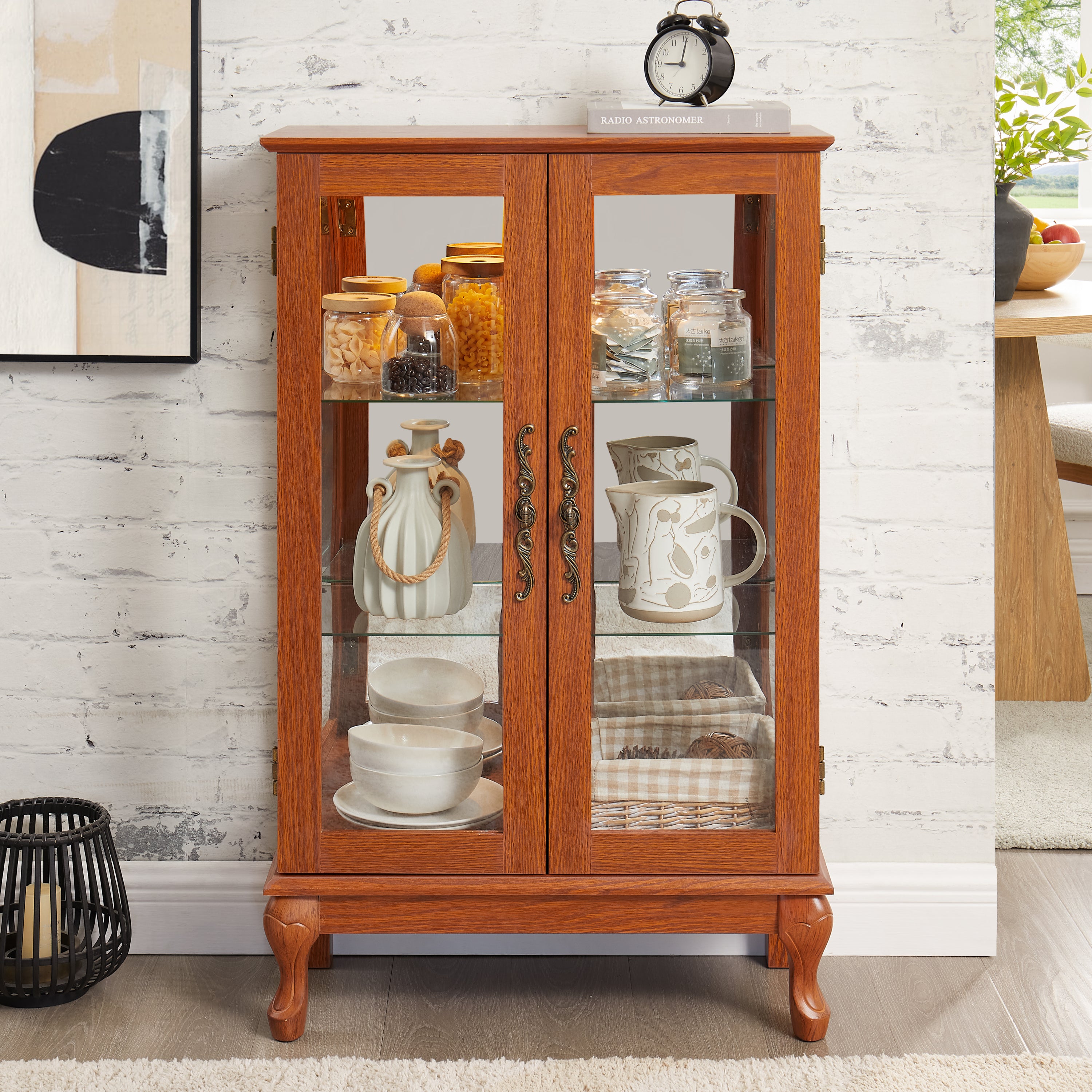 2-Door Glass Display Cabinet, Dark Oak, Lighted Mirrored Back