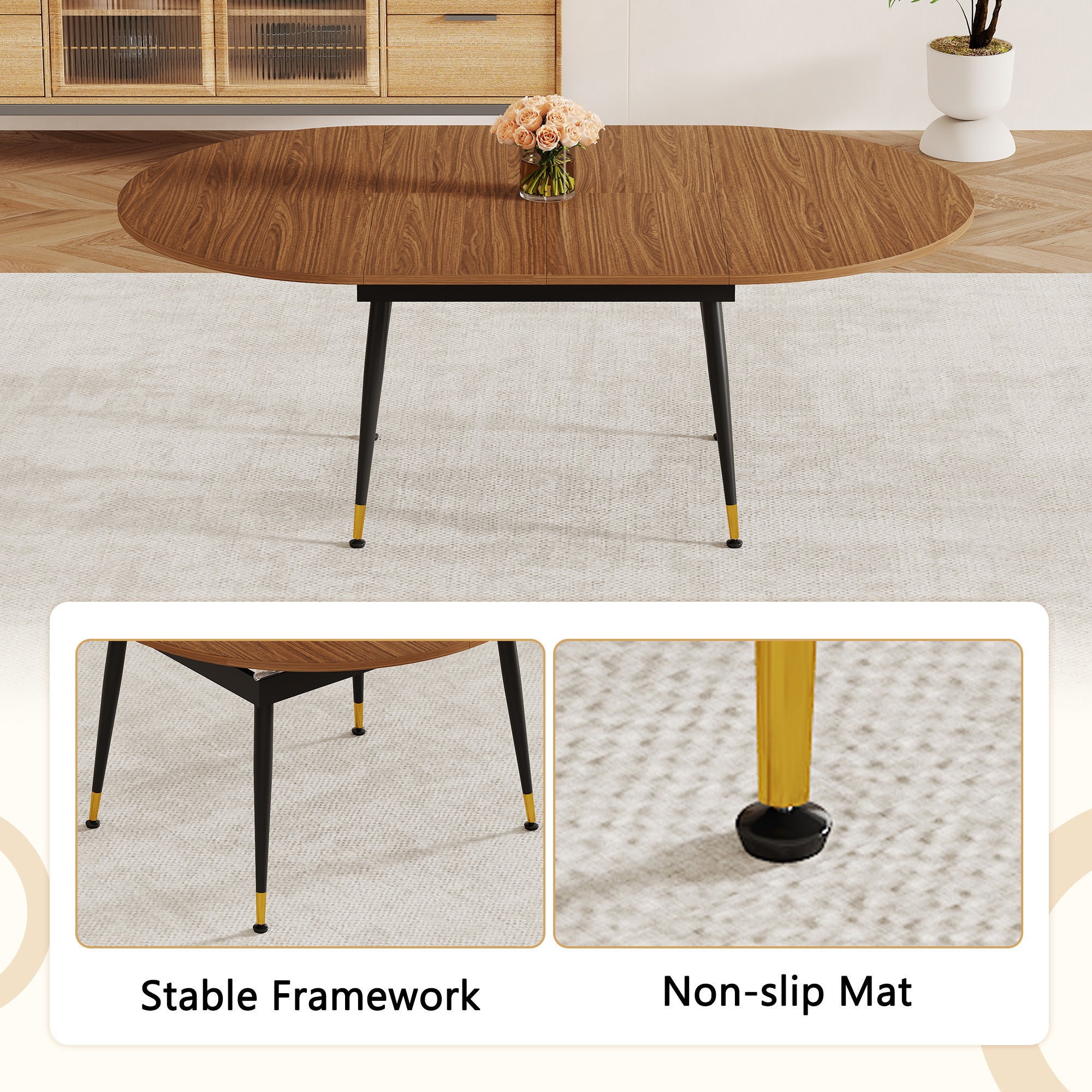 Feature graphic showing the walnut oval table styled for different dining occasions