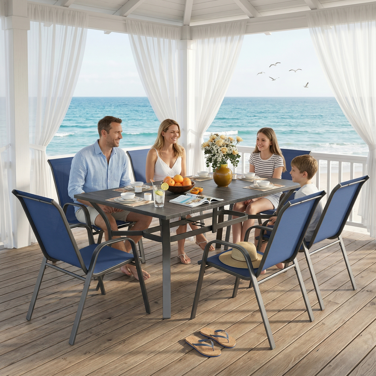 Black Metal 7-Piece Patio Dining Set for 6 with Umbrella Hole