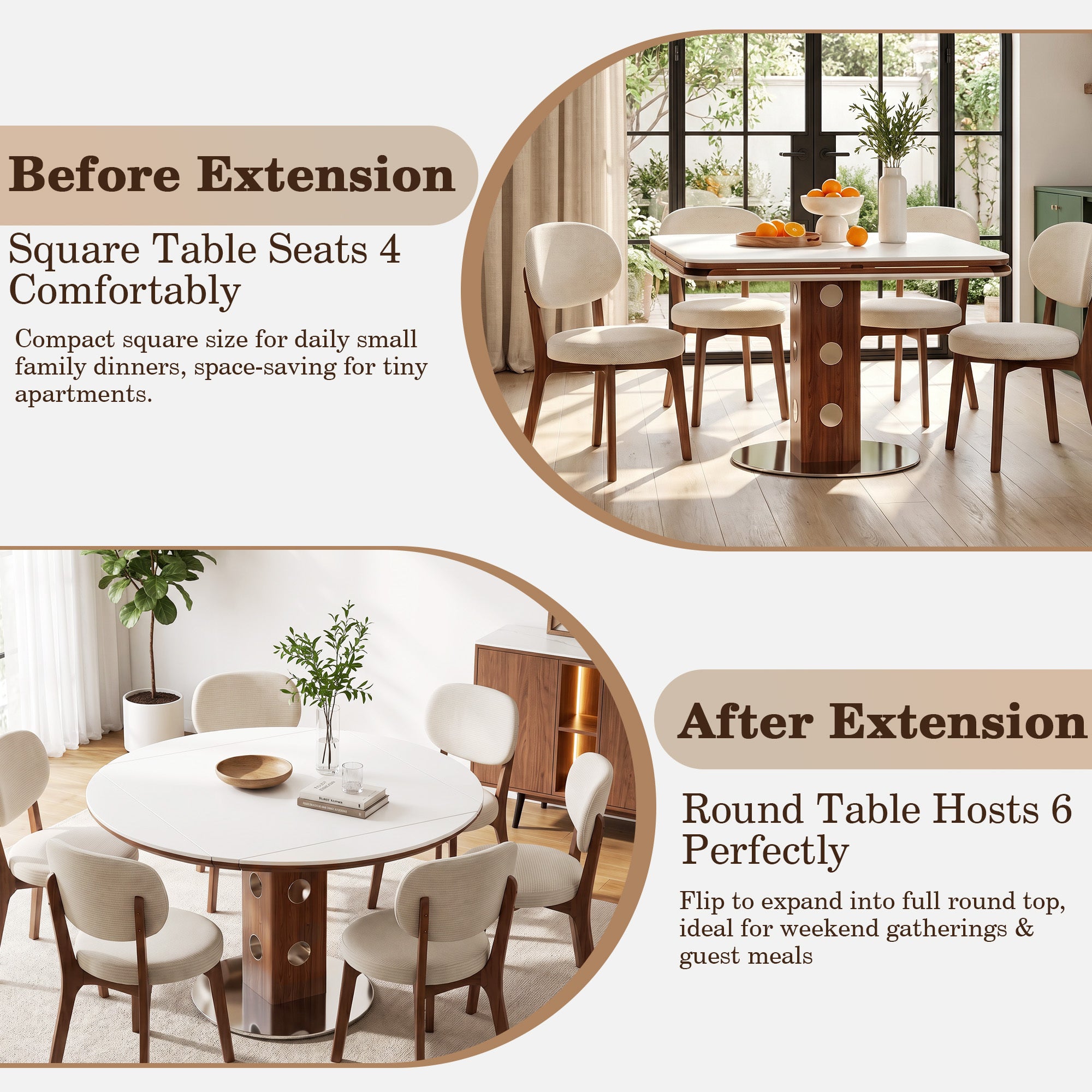 Before and after extension graphic showing the square 4-seat and round 6-seat setups