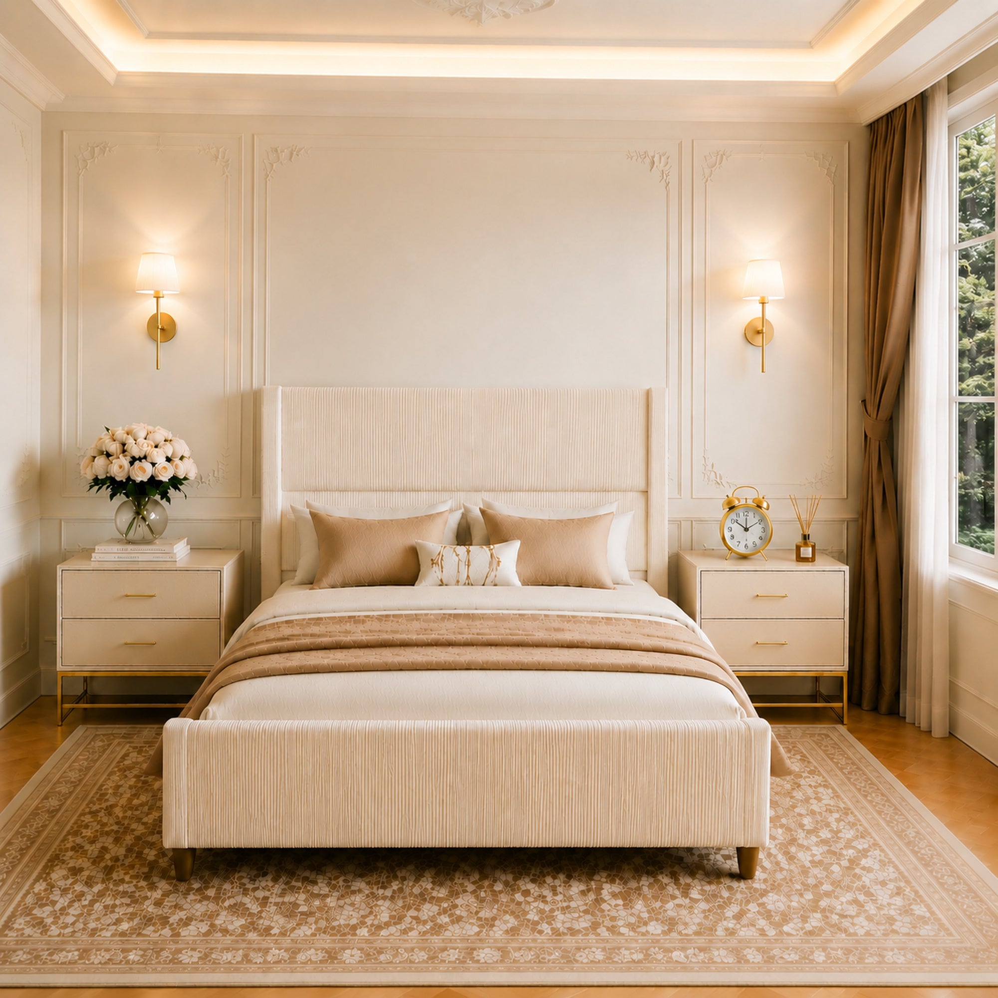 Beige Corduroy Full Size Platform Bed with Tall Headboard
