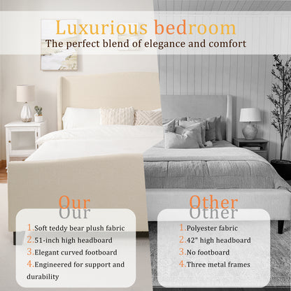 White teddy velvet king bed frame styled with white bedding in bedroom