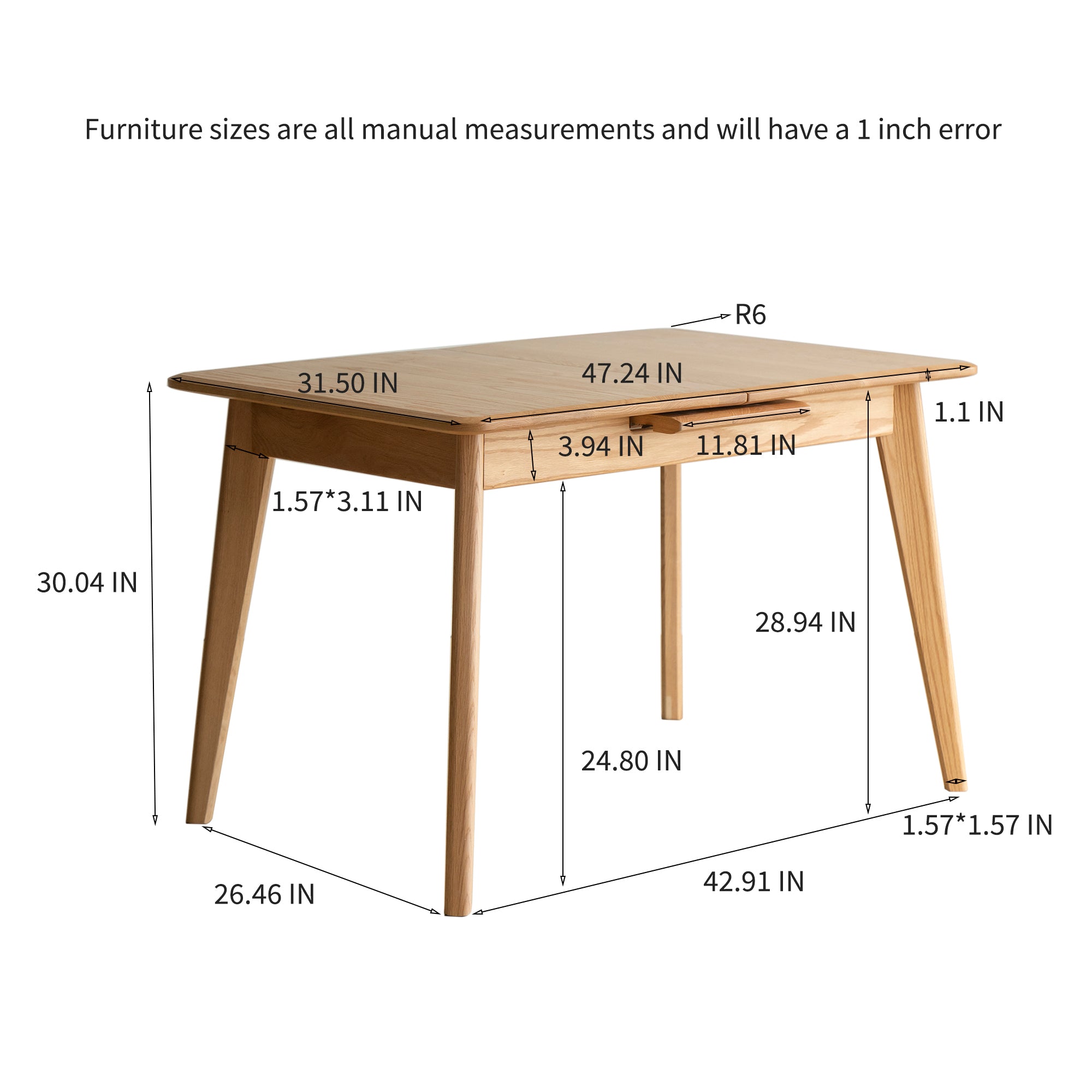 Dimension diagram of the oak table, 31.5 inches wide, 47.24 inches long, 30.04 inches tall