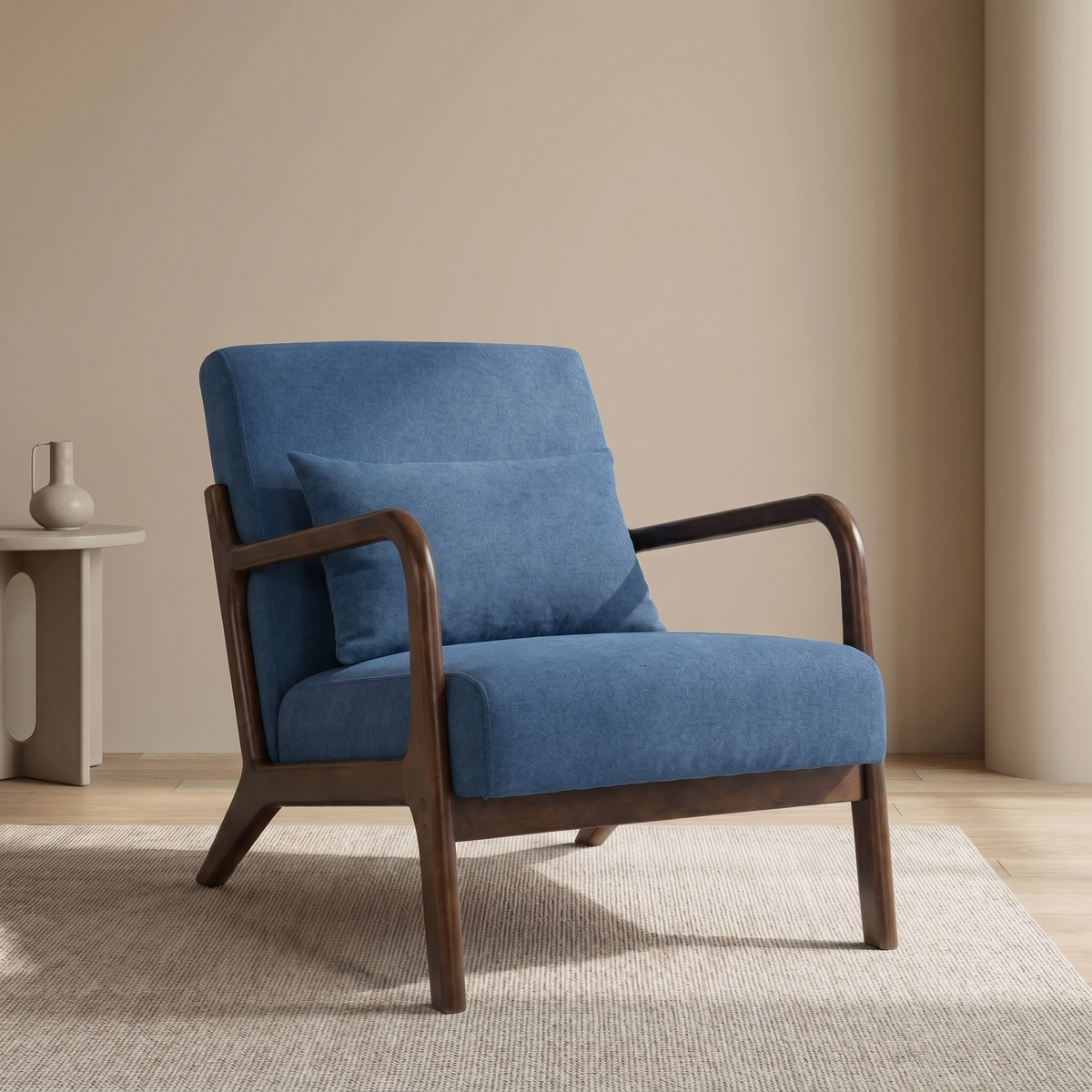 Blue Linen Accent Chair, Mid-Century