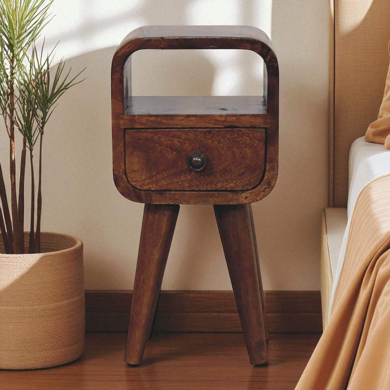 Compact Bedside Nightstand, 1 Drawer, Solid Mango Wood, Chestnut