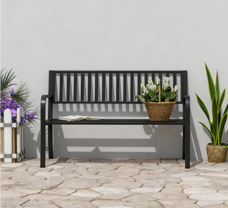 Black Metal Outdoor Bench, 50 in Wide, 32 in Tall
