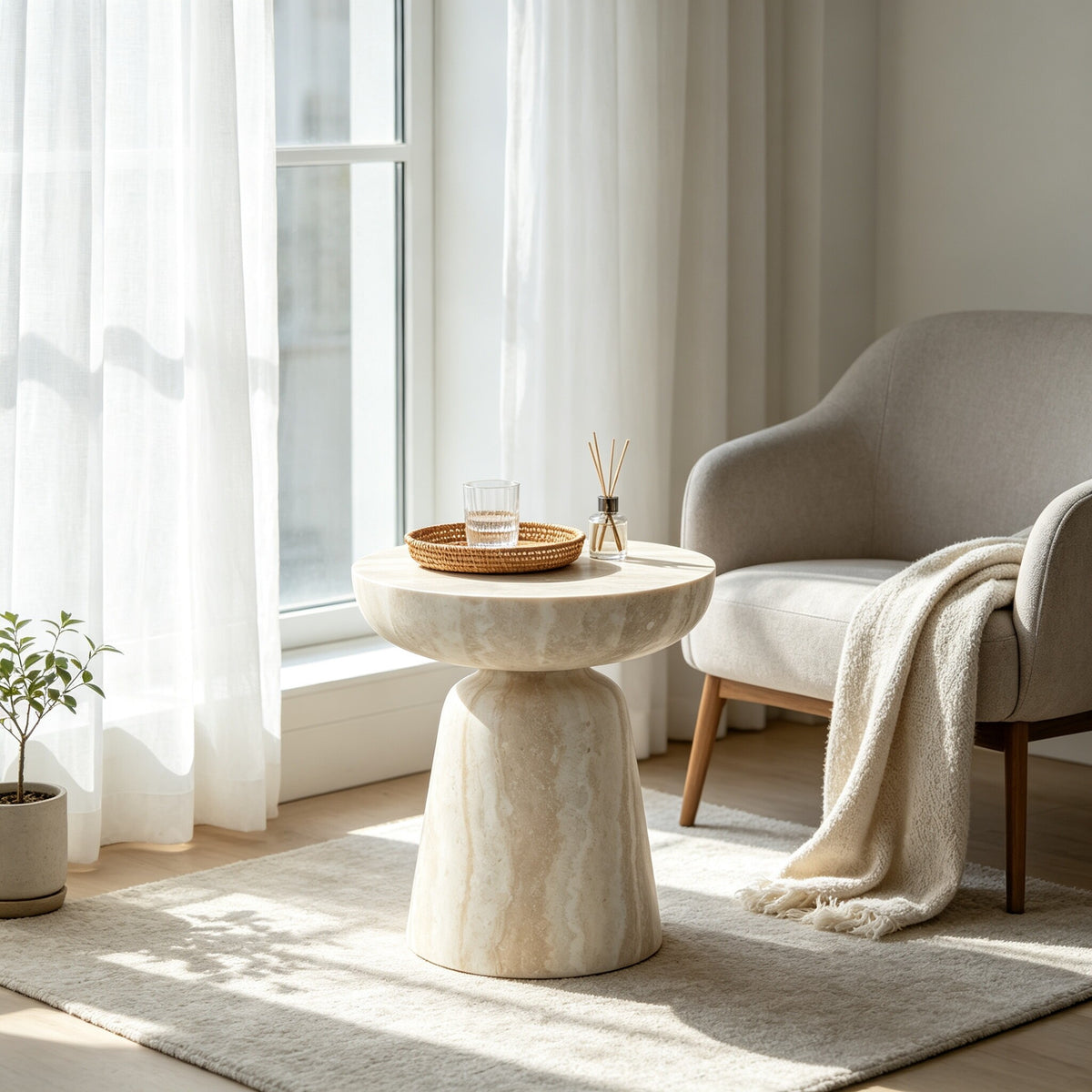 Beige Round Side Table, 15.8 in, Mushroom