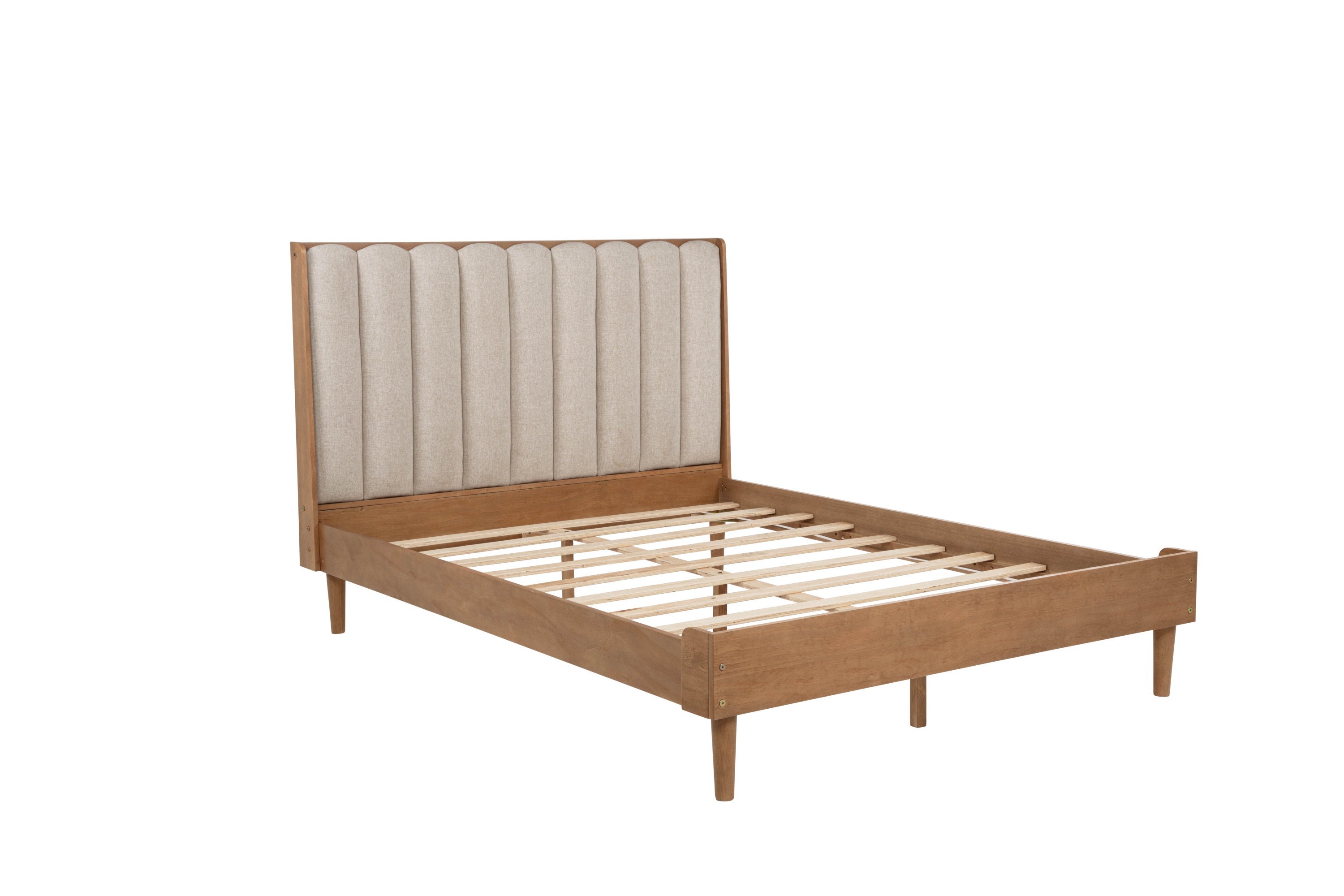 Angled bare-frame view of the wheat piano-key upholstered headboard and open wood slat platform