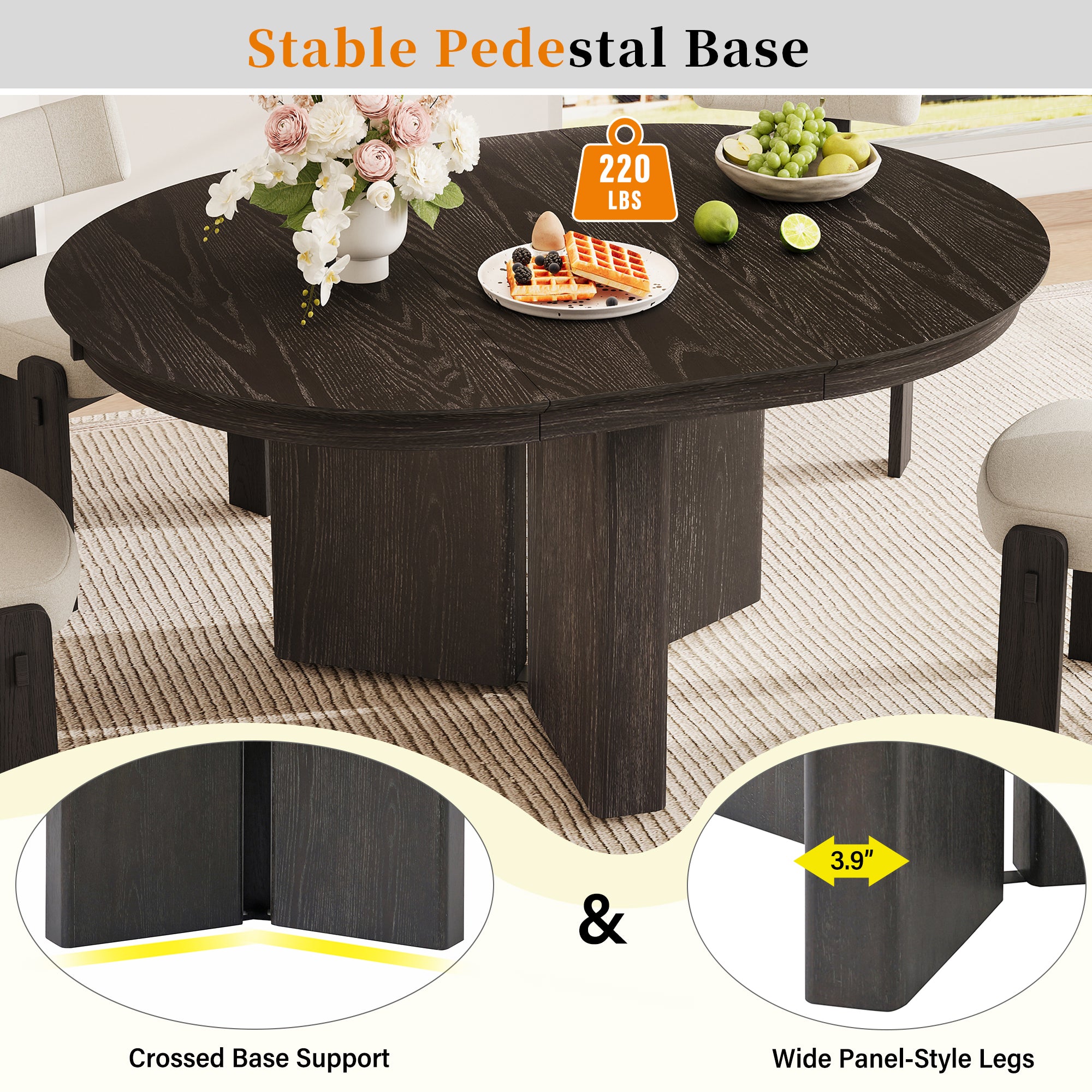 Stable pedestal base graphic showing 220lb capacity, crossed base and wide panel legs