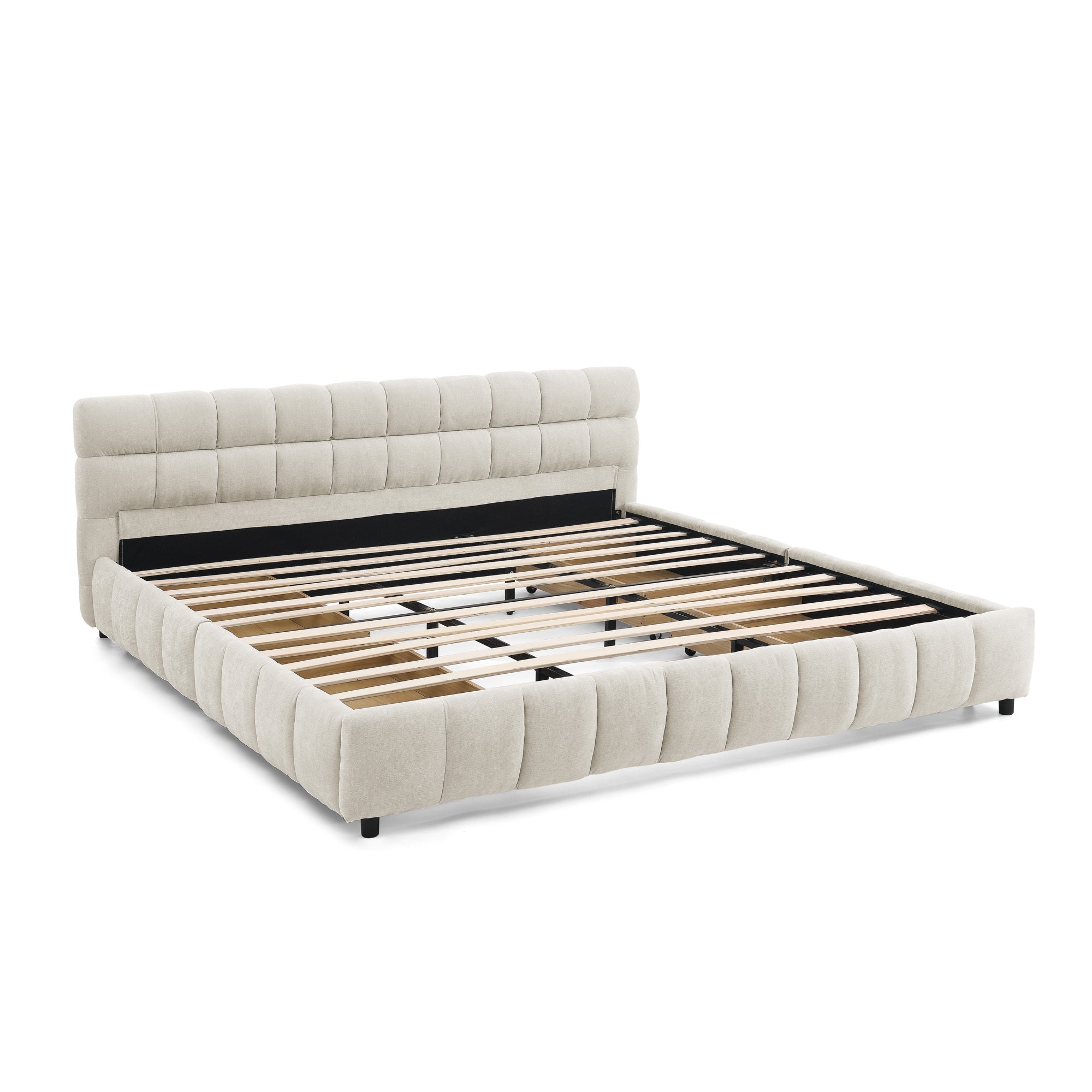 Front view of beige chenille bed frame on white background