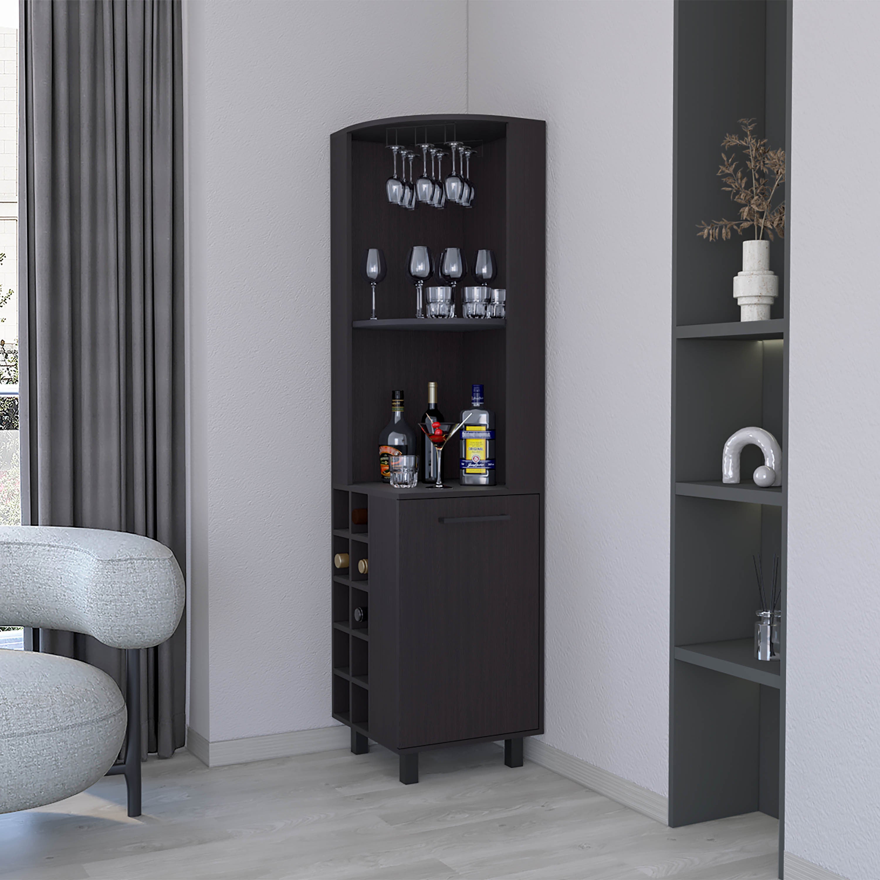Corner Bar Cabinet Wine Rack, Wenge, 10-Bottle & Stemware