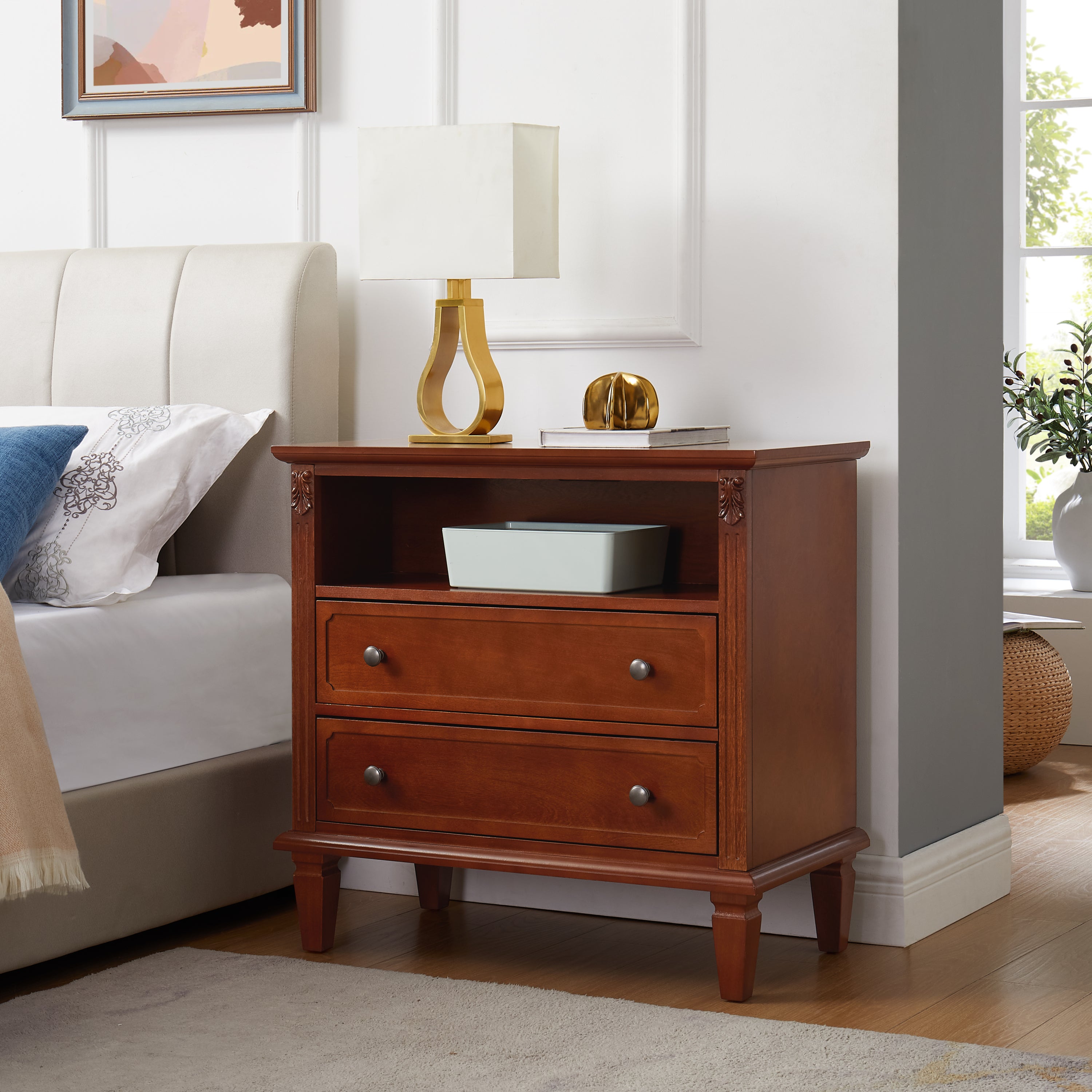 Fluted 2-Drawer Nightstand with Open Shelf, Walnut