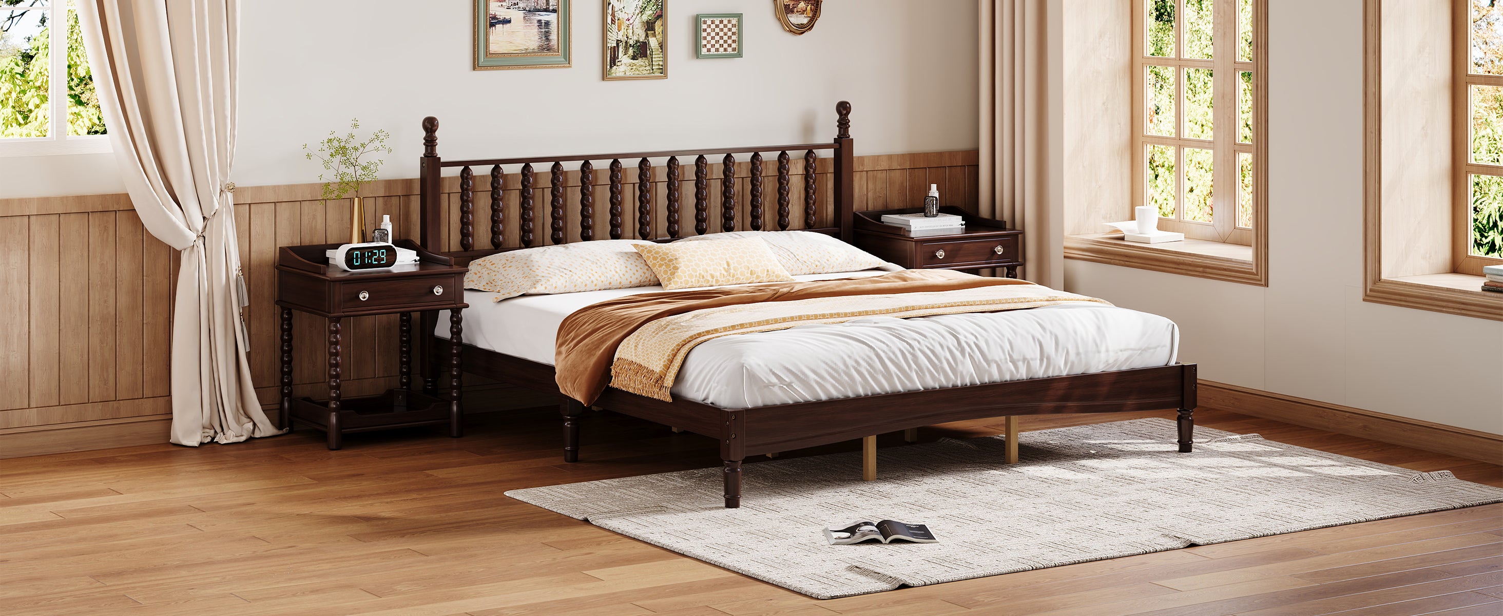 Walnut king bed frame styled bedroom scene with arched window
