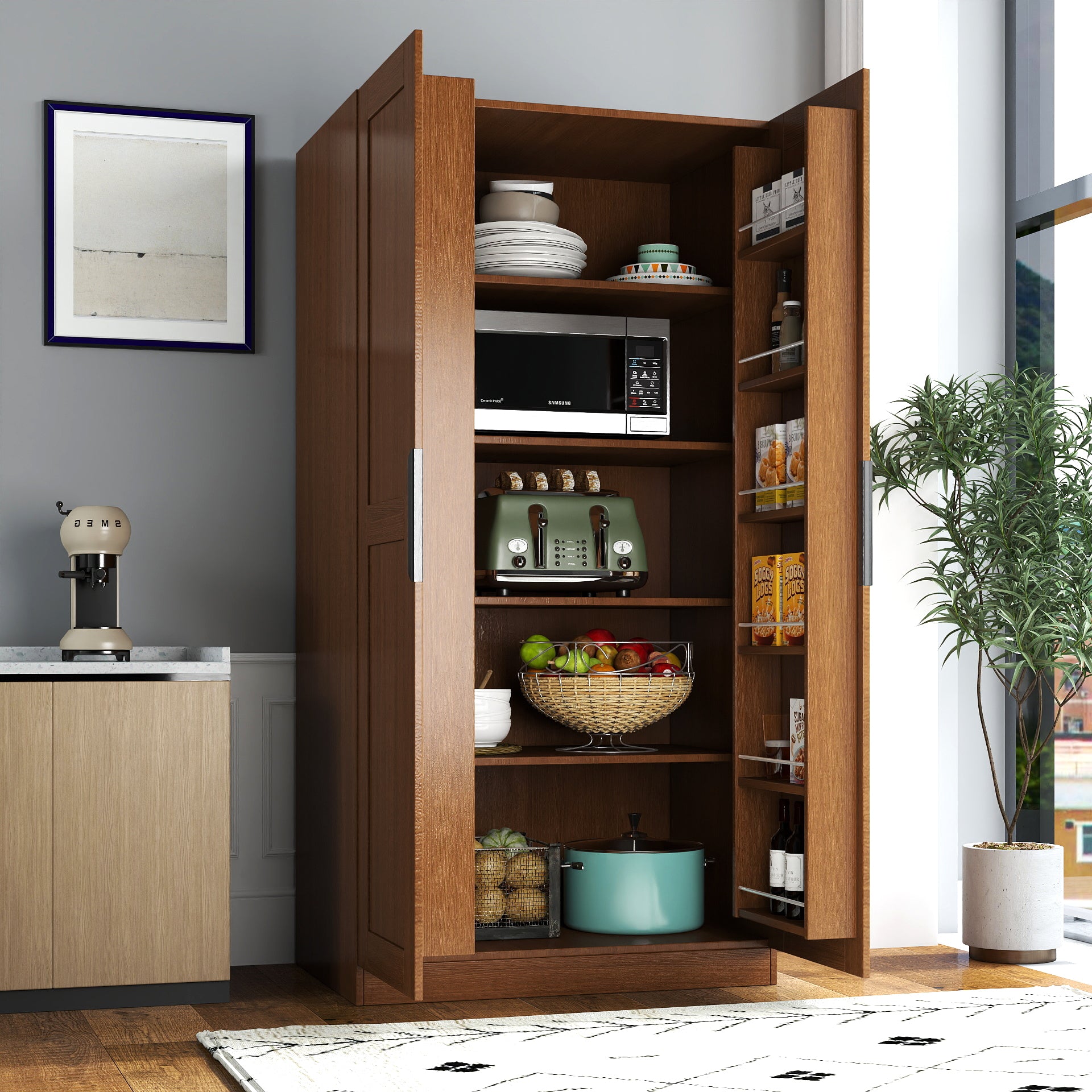 Walnut Freestanding Pantry Buffet Cabinet, 63 in, 2 Doors