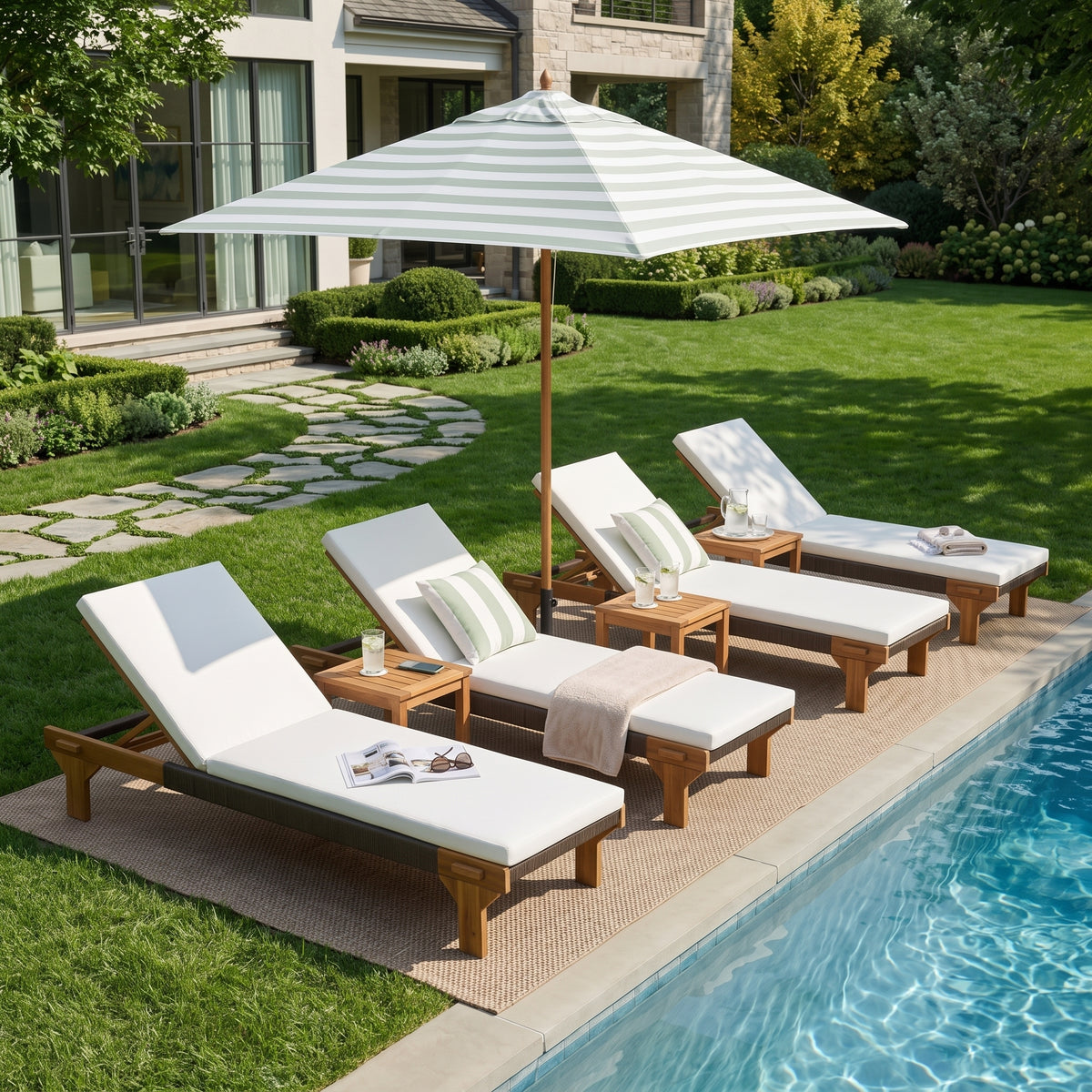 Teak Finish Solid Wood Outdoor Chaise Lounge with Cushions, Set of 4