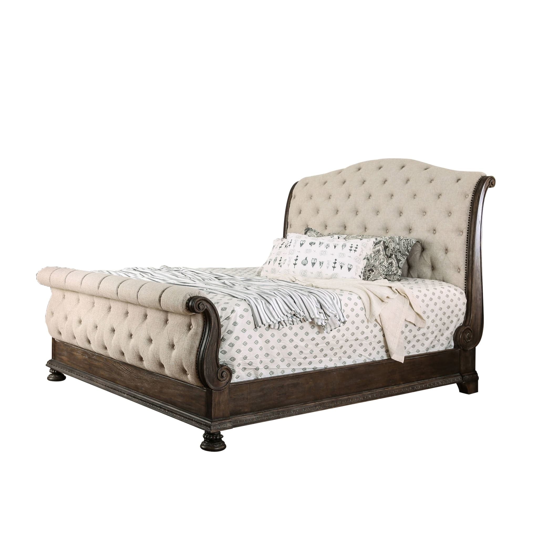 Queen Sleigh Bed Frame, Linen Tufted Headboard, Beige