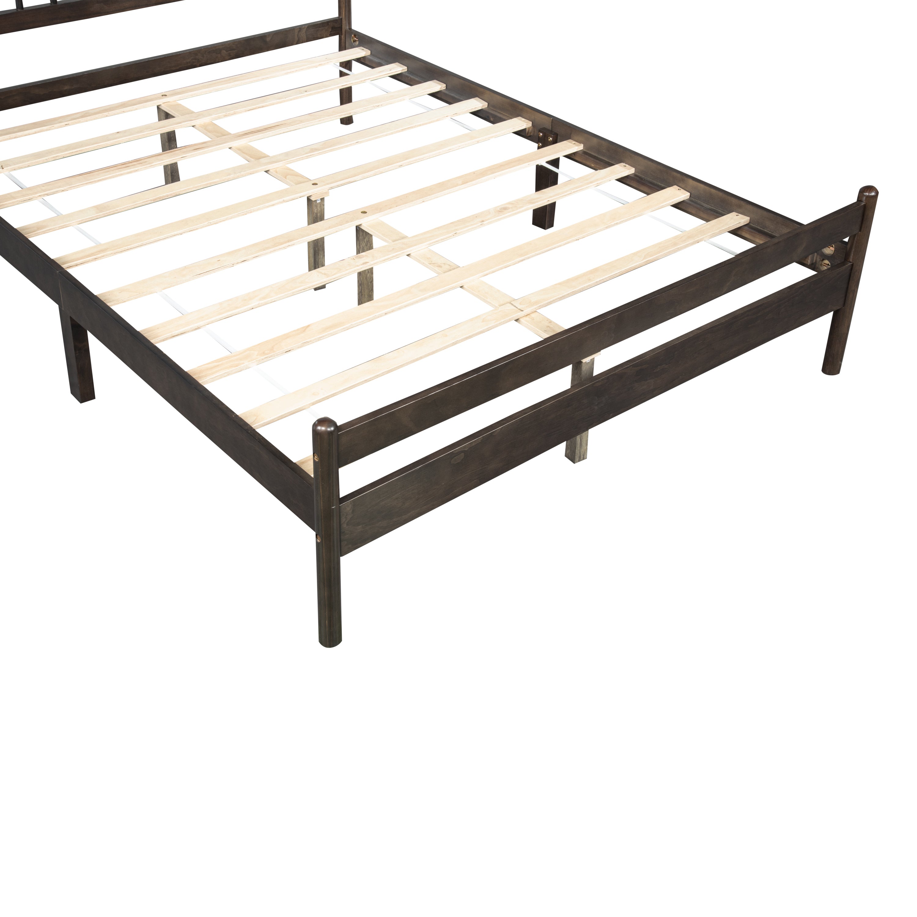 Angled studio view from the head of the brown bed frame showing the full wood slat platform #Color_Brown