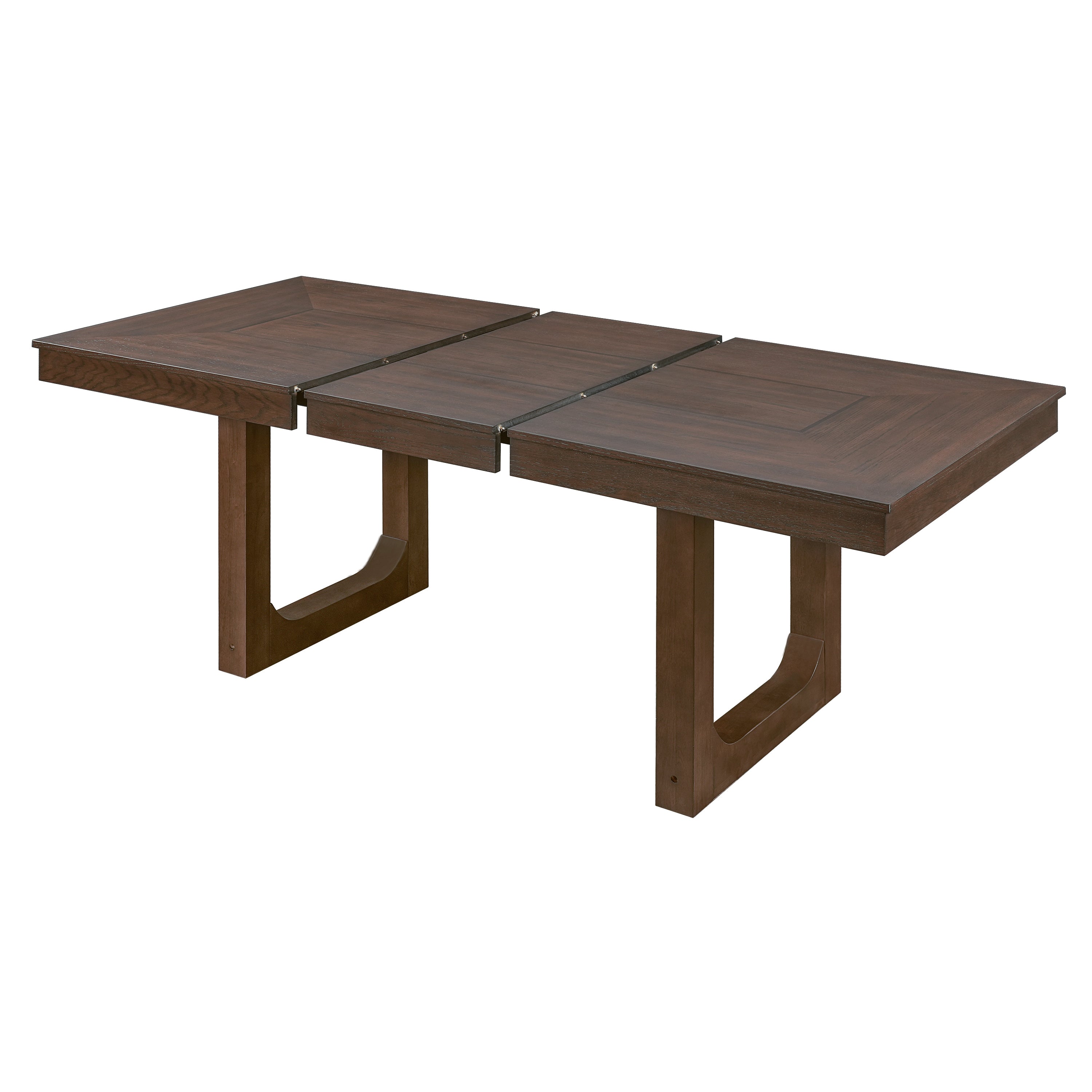 Studio view of the walnut dining table top pulled apart into three panels on white background