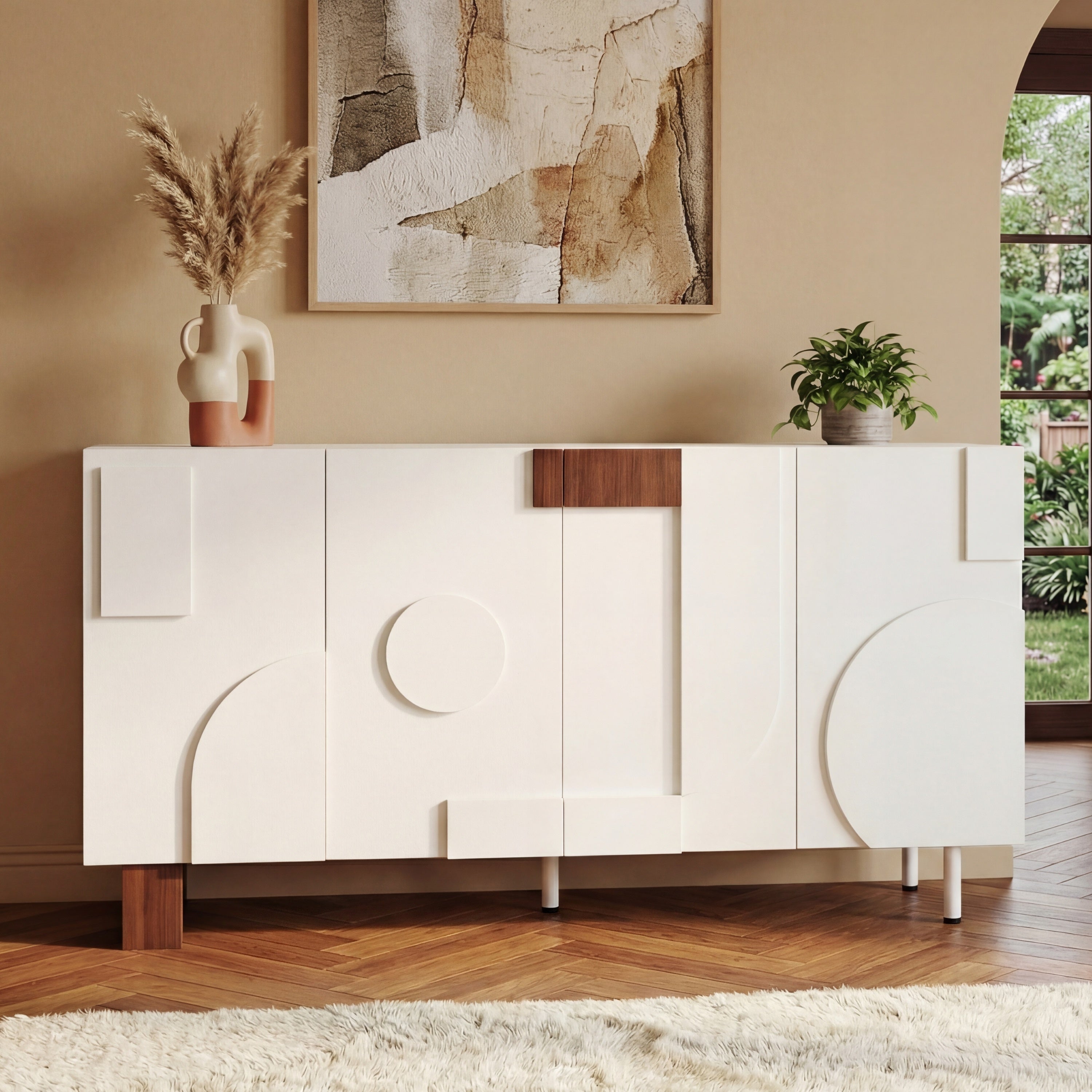Modern White Sideboard Buffet Cabinet, 63in 4-Door Geometric