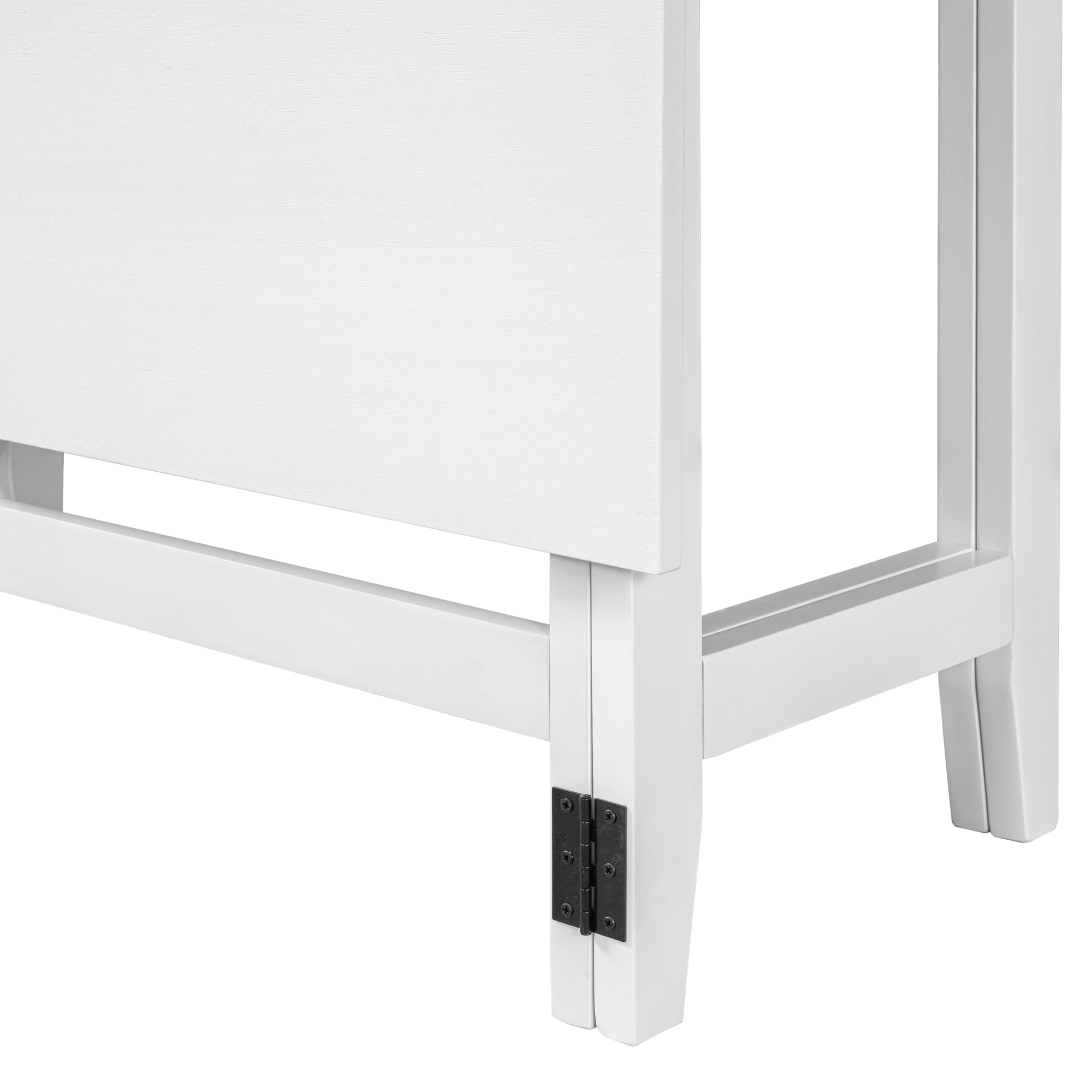 Close-up of the black metal hinge and folding leg on the drop-leaf table