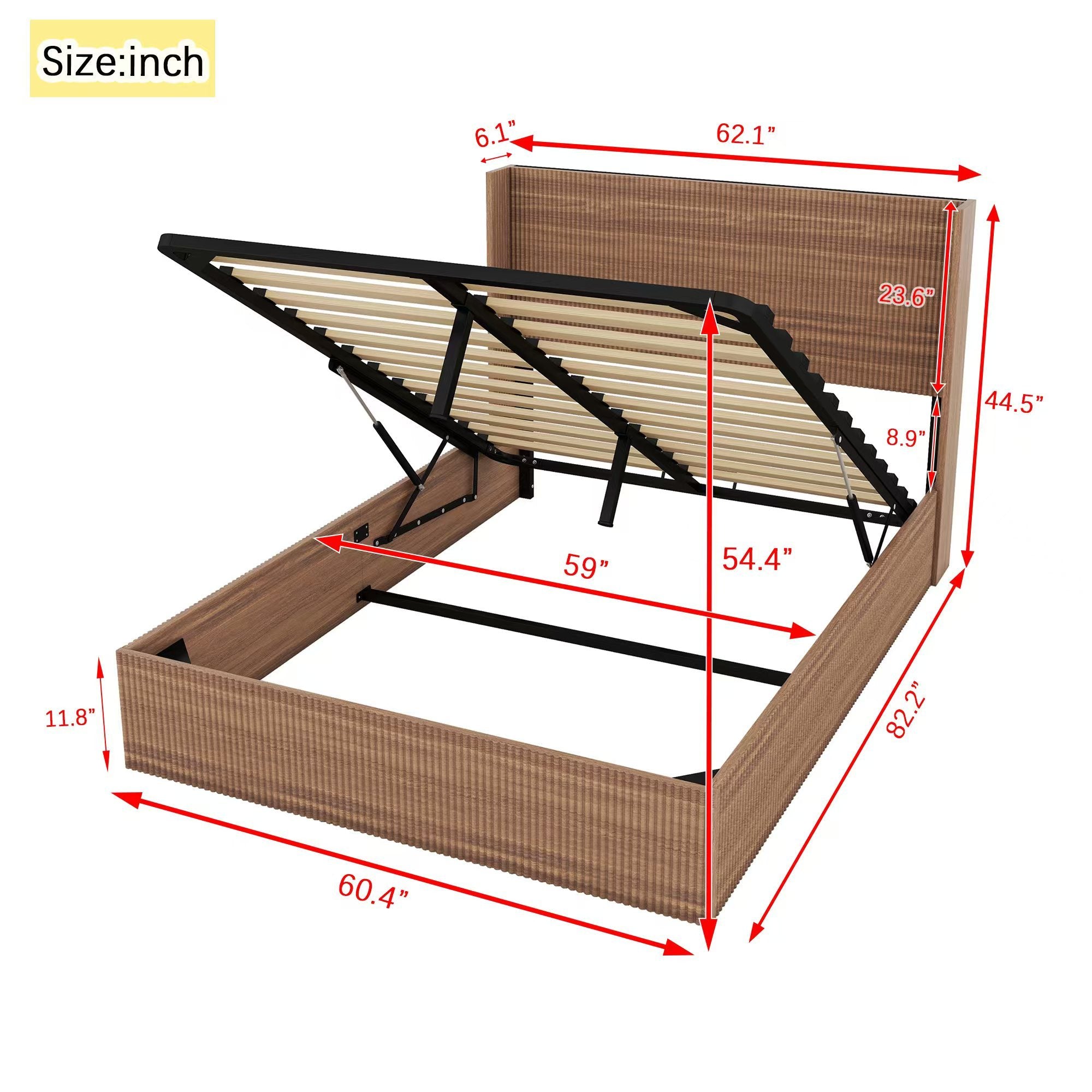 Dimension diagram of the natural wood queen storage bed in inches, with headboard, slat area and storage-depth measurements