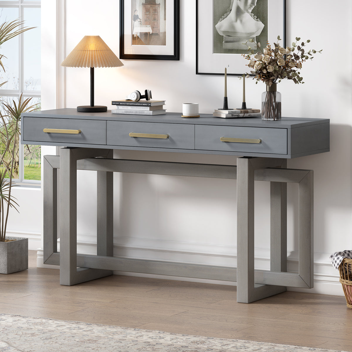 Gray Entryway Console Table with Storage, 57 in Wide