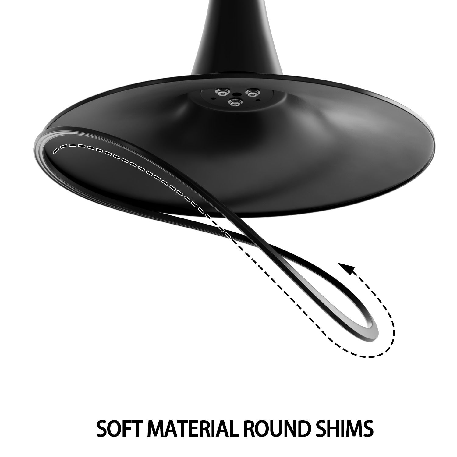 Close-up of the black tulip table base underside highlighting the soft round shims