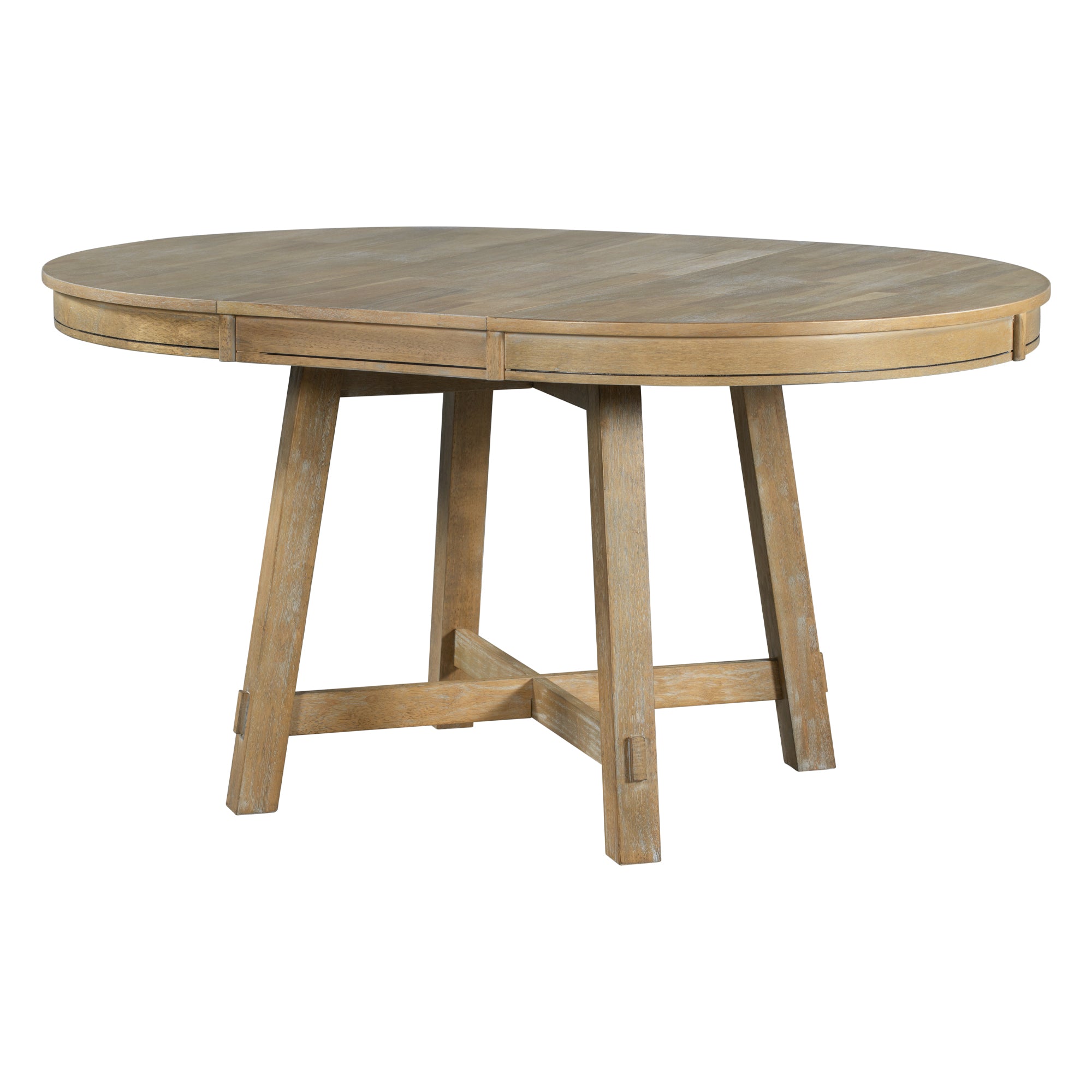 Three-quarter studio photo of oak extendable dining table in extended oval shape on white background