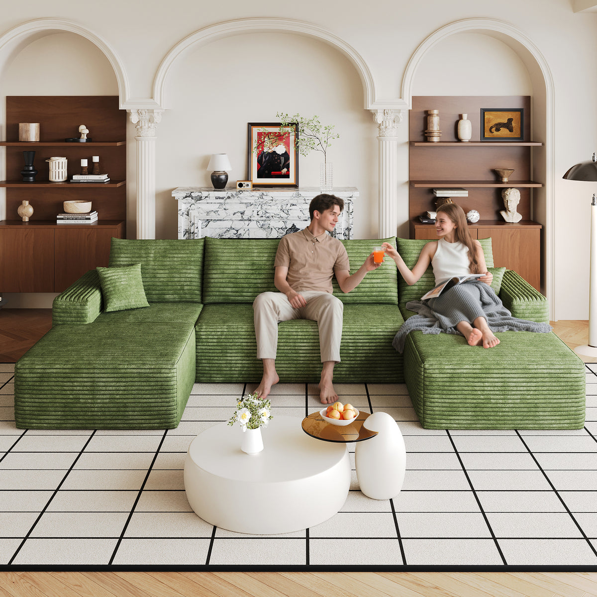 Green Corduroy U-Shaped Sectional Couch, No Assembly, 134 in Wide