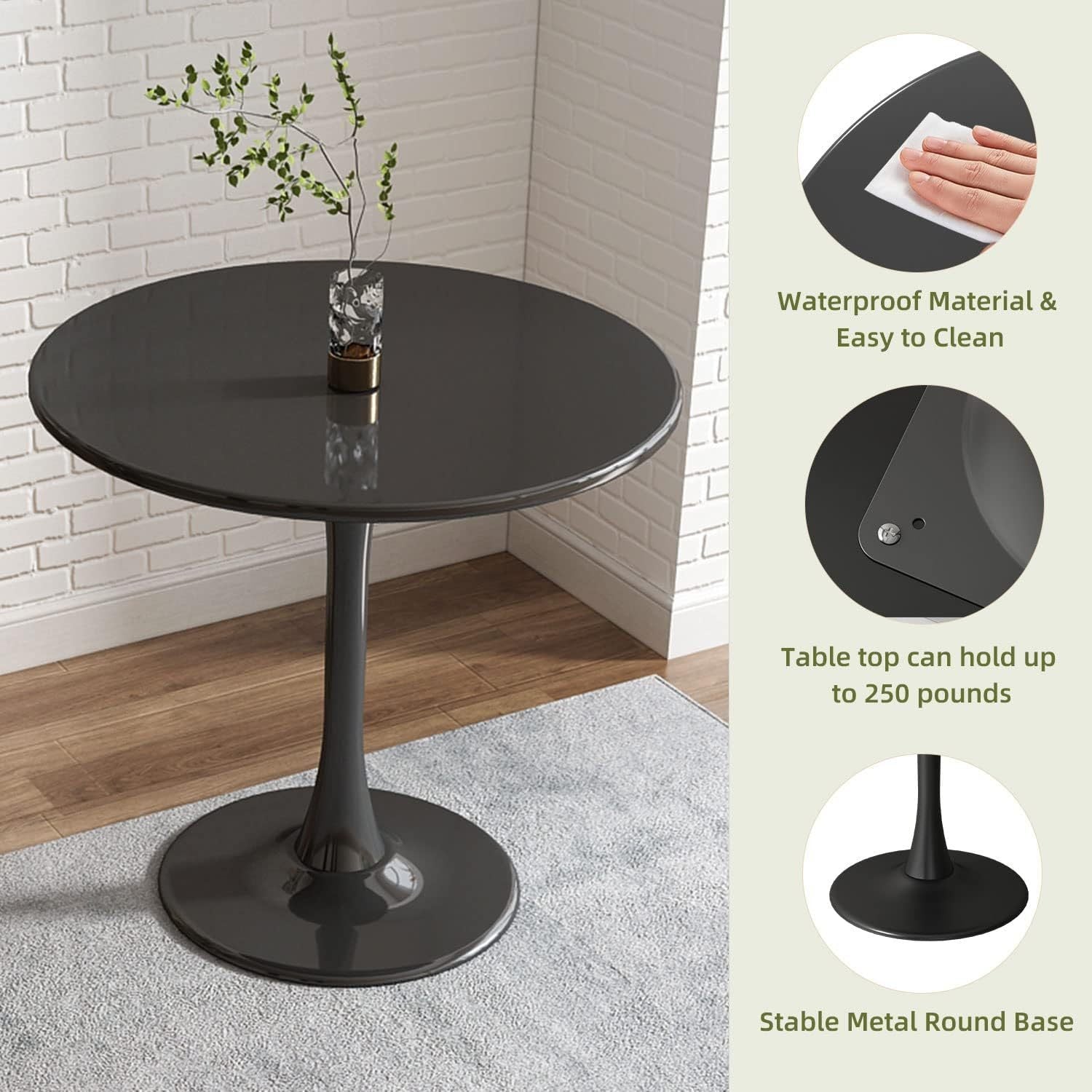 Round black tulip table by a brick wall with callouts for waterproof top, 250 lb hold and metal base