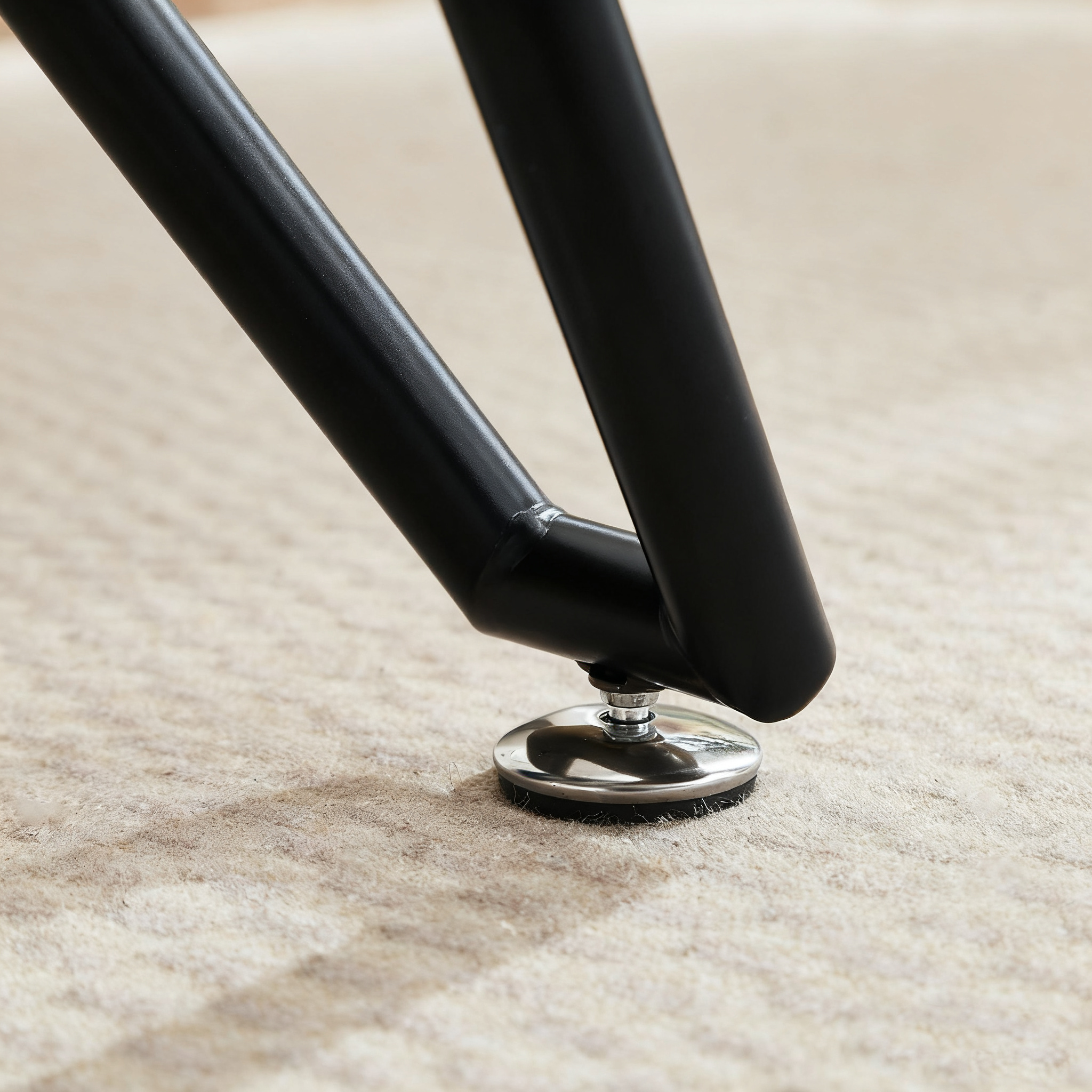 Close-up of the black metal legs and a chrome leveling foot on carpet