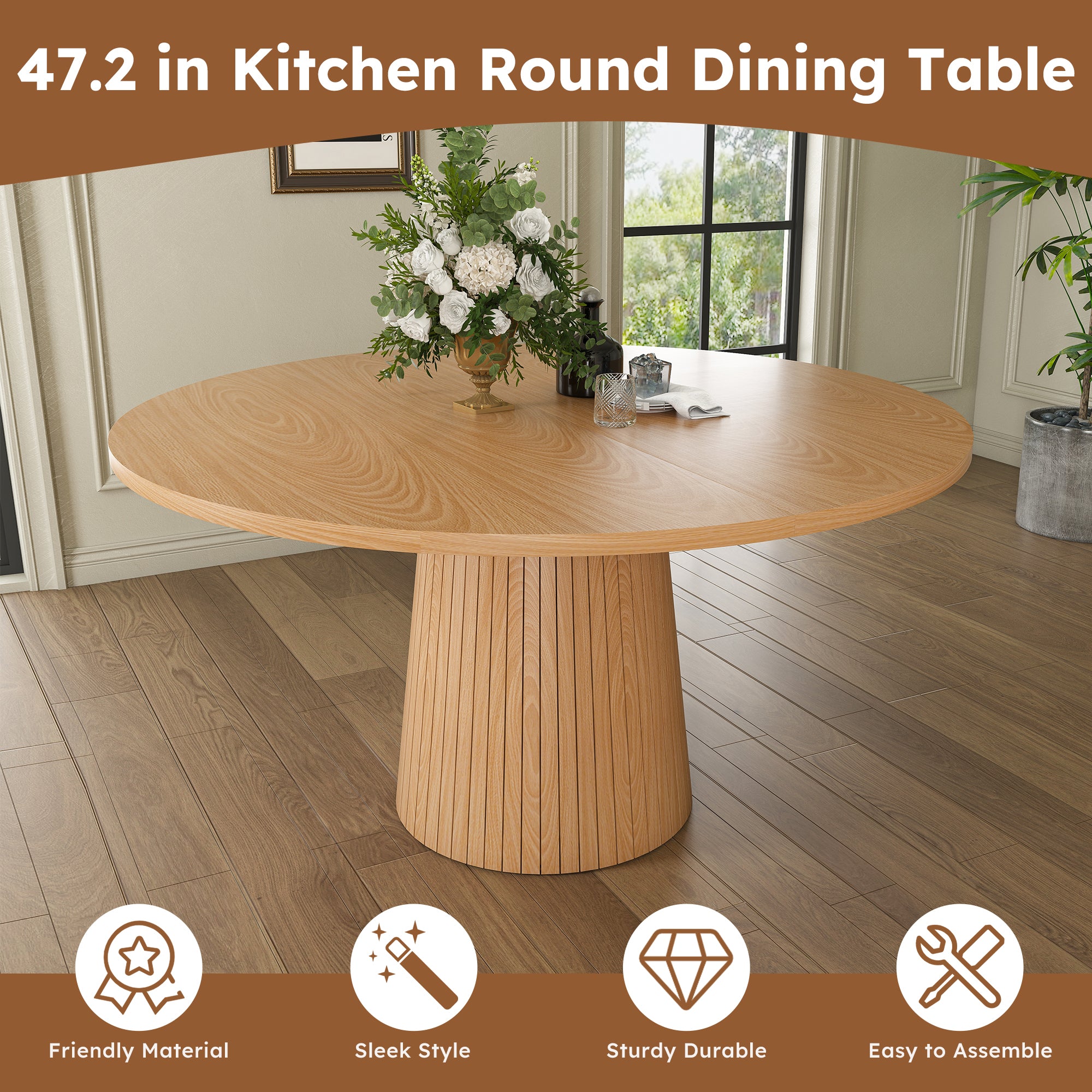 Feature graphic titled 47.2 inch kitchen round dining table with friendly material and easy assembly icons