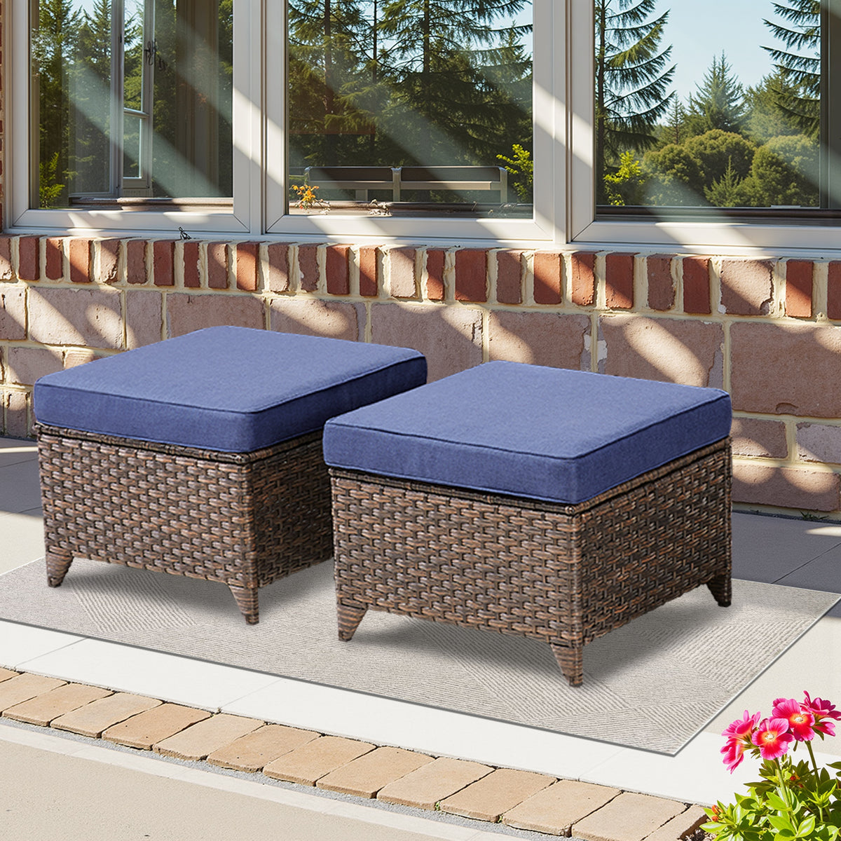Wicker Outdoor Ottoman with Blue Cushions, Set of 2, 13.7 in Tall