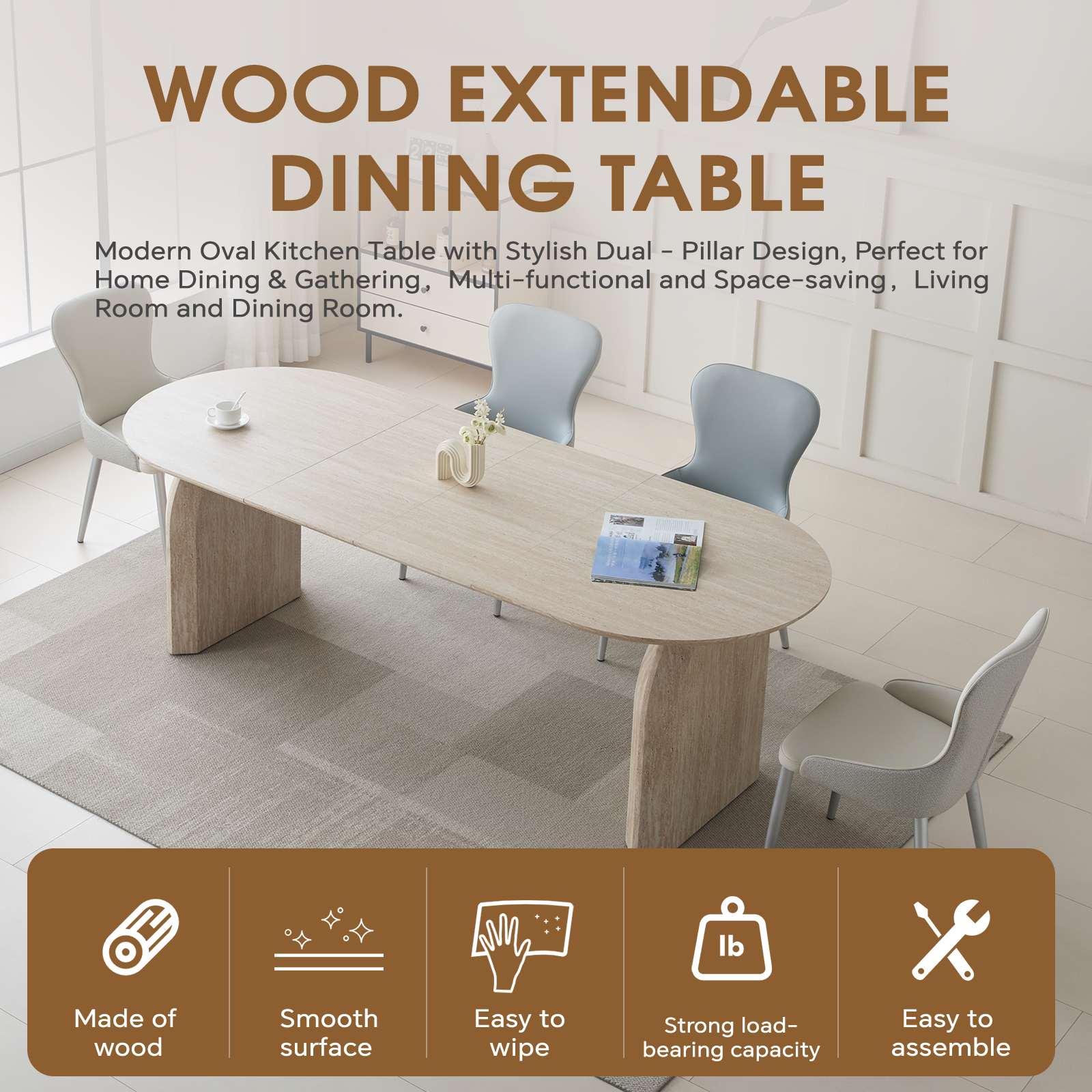 Overhead wood extendable dining table graphic showing the oval table set with blue chairs