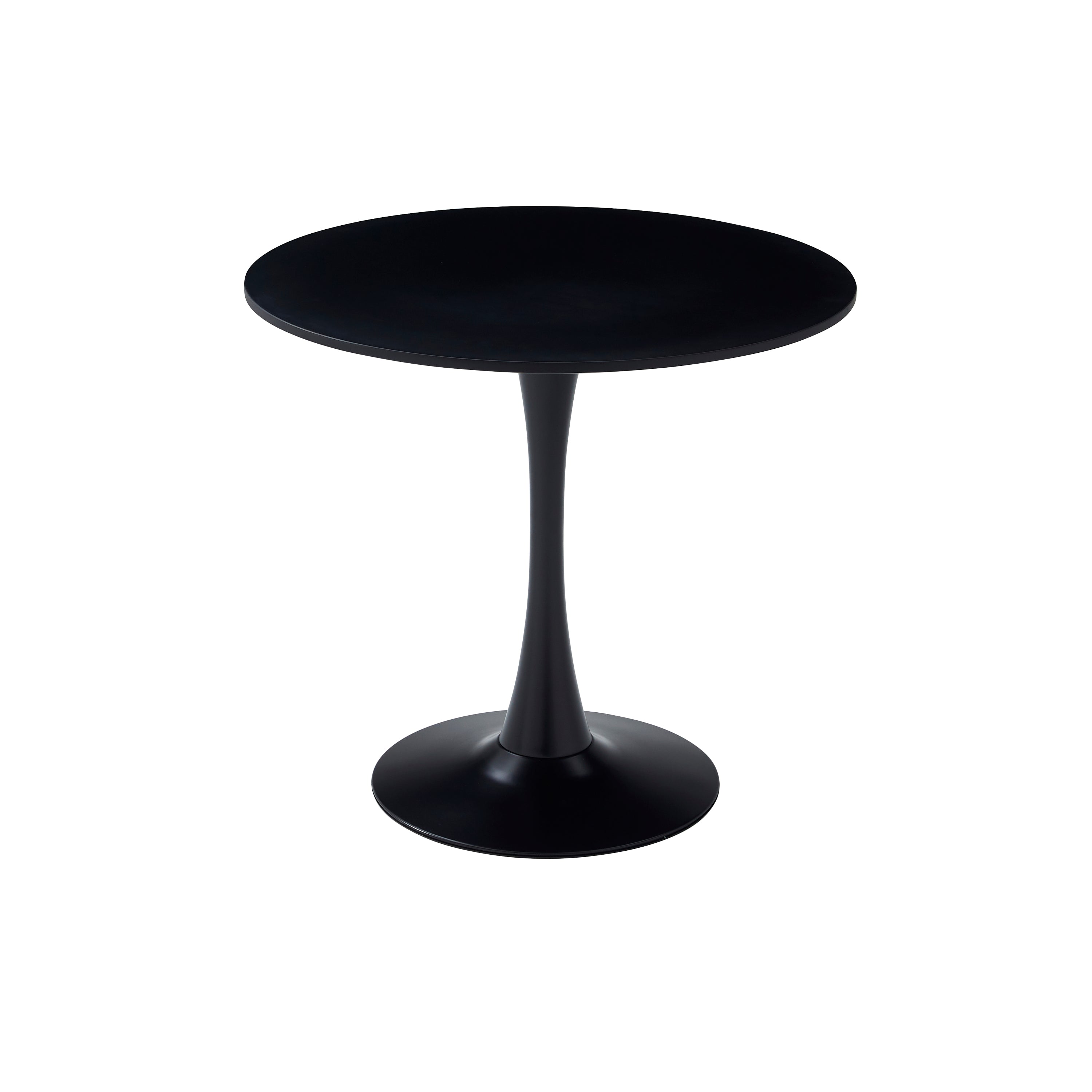 Black modern round dining table with tulip pedestal base, front view on white