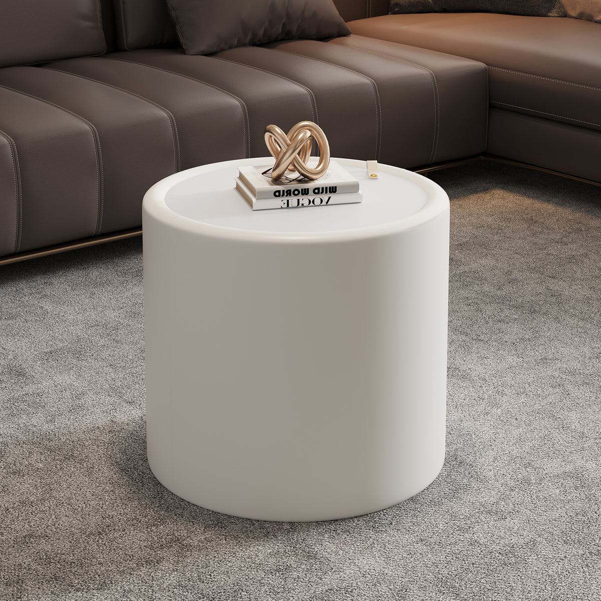 Cream Glass Top Round Side Table with Storage, 19.7 in