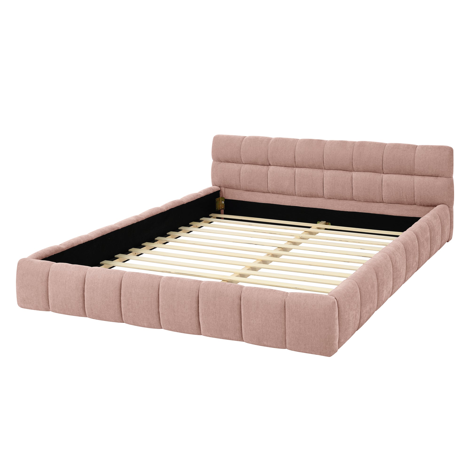 Bare pink chenille queen bed frame from the opposite angle, wood slats and low tufted rails #Color_Pink