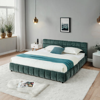 Close-up of blue-green chenille footboard channel tufting and wood leg