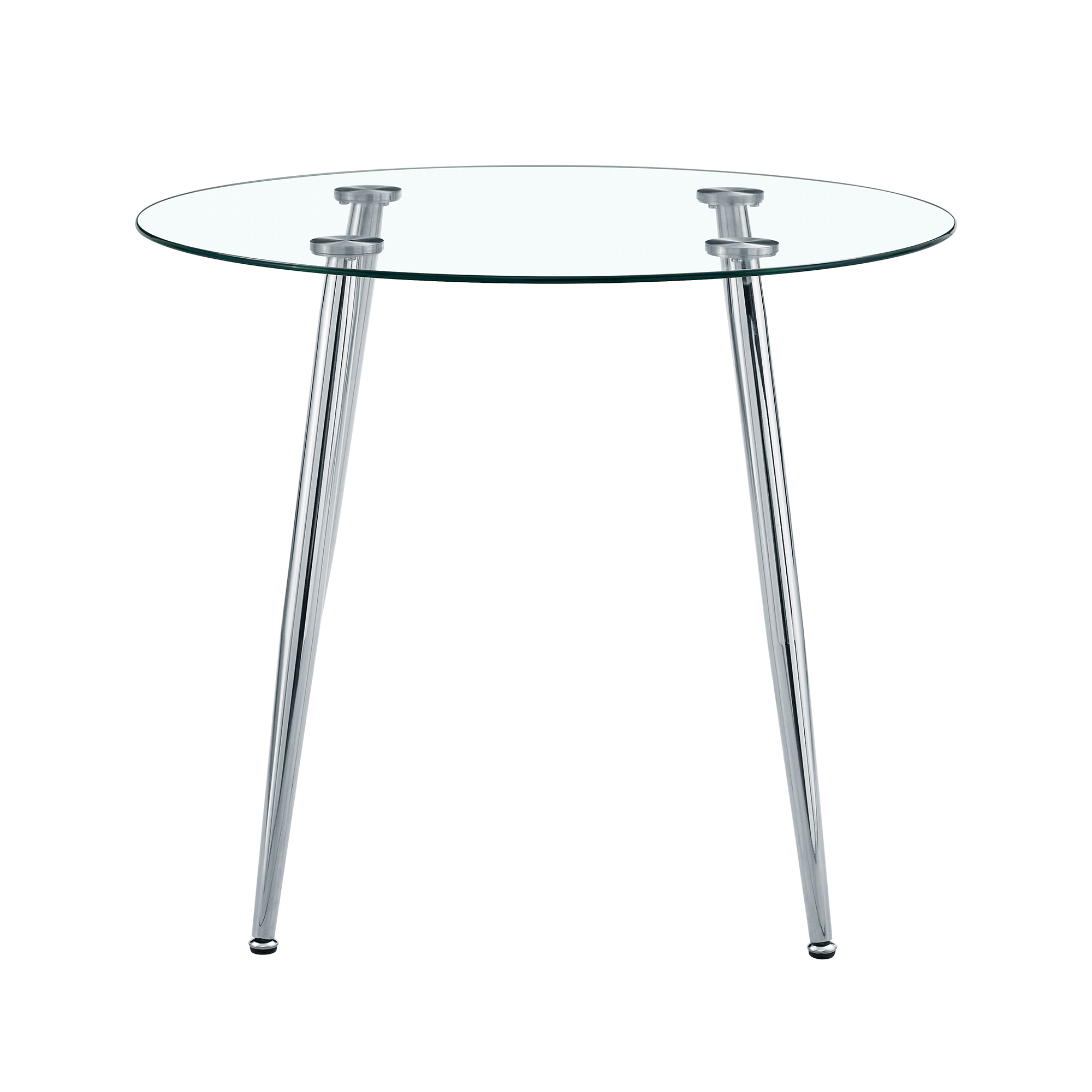 Front view of the round glass dining table with chrome legs on a white background