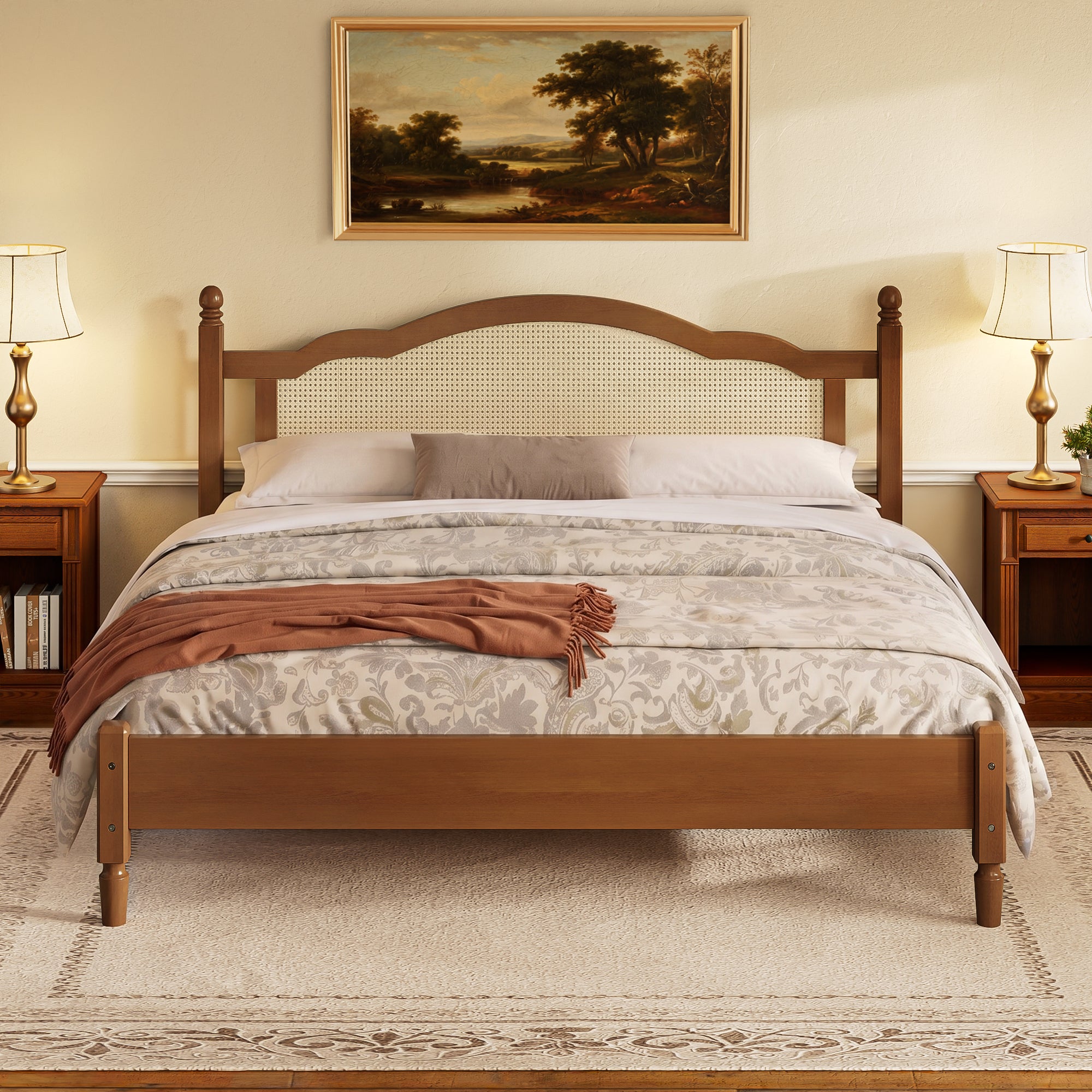 Walnut king bed frame with woven cane headboard on white background