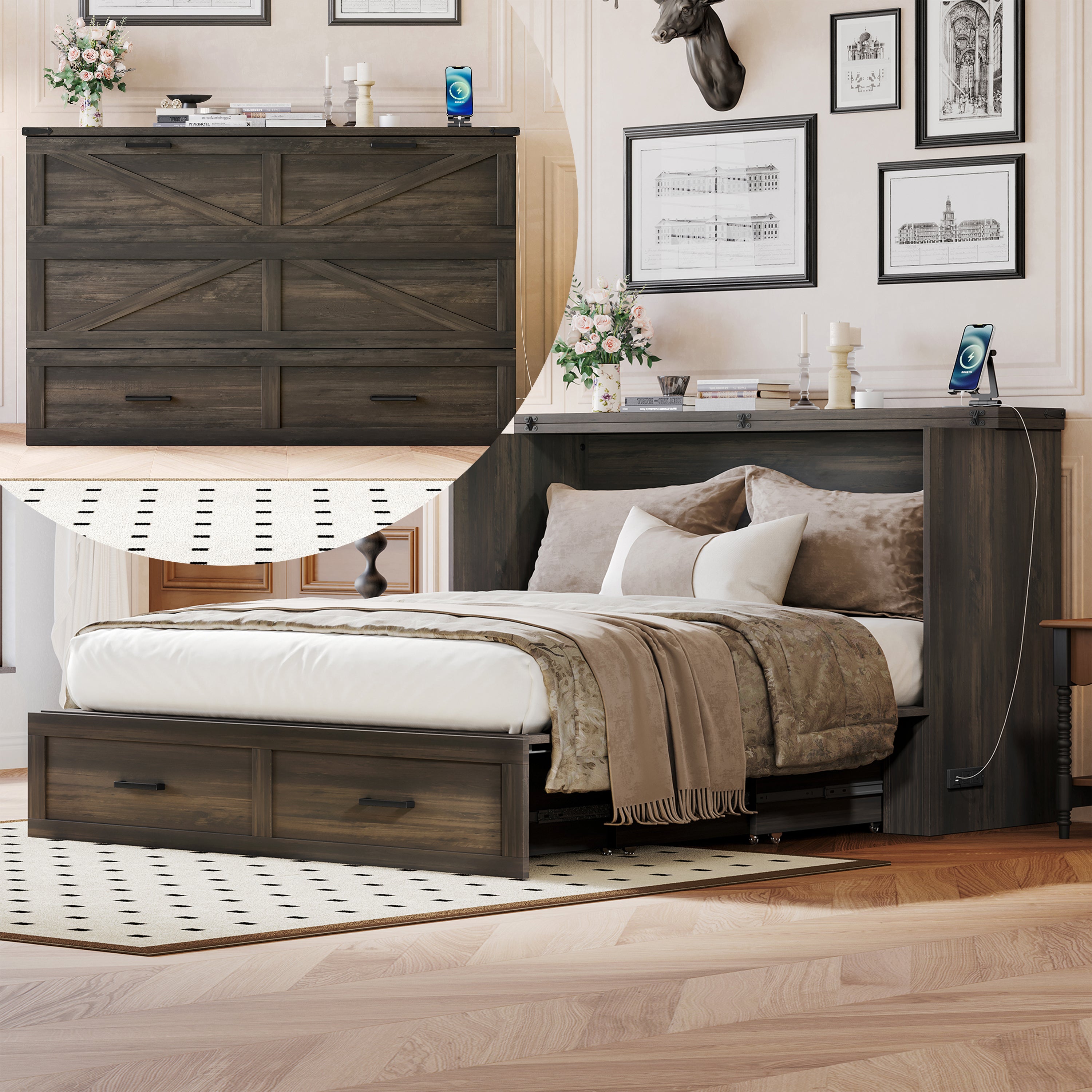Farmhouse Cabinet Bed with Charging Station and Storage, Gray